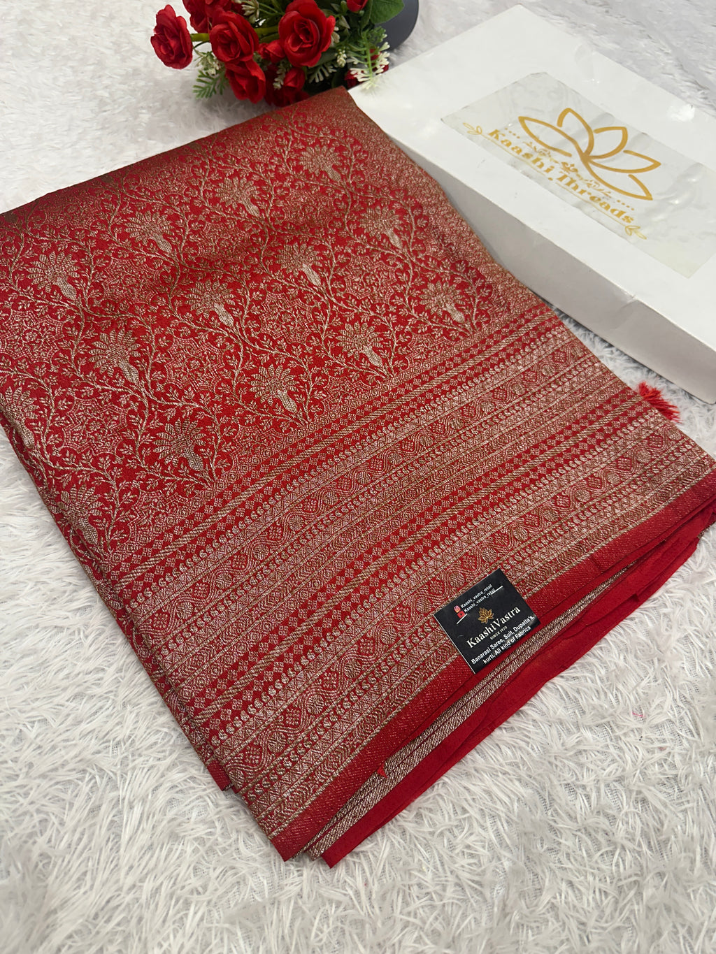 Red Banarasi Dupion Silk Saree with Embossed Antique Zari Weaving & Rich Antique Zari Pallu | STF81