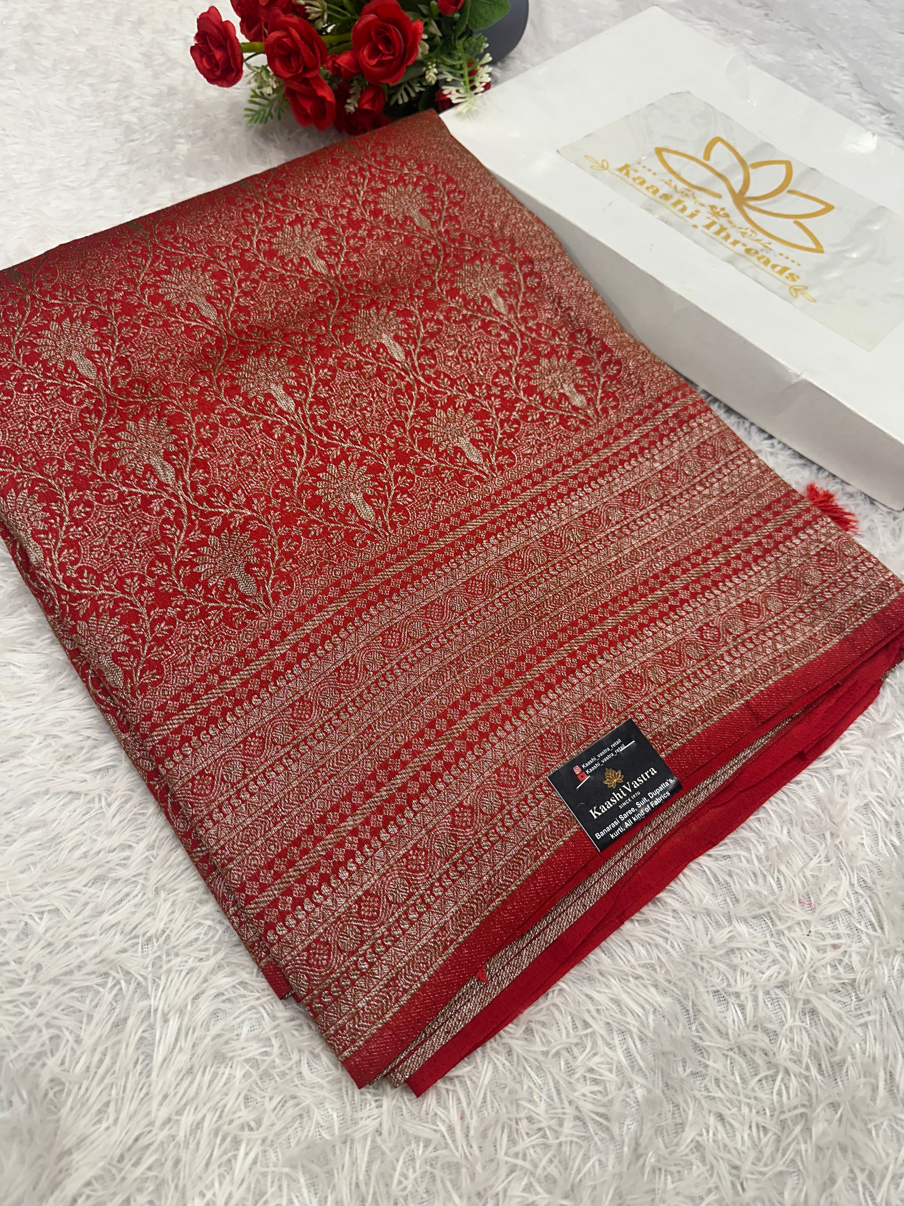 Red Banarasi Dupion Silk Saree with Embossed Antique Zari Weaving & Rich Antique Zari Pallu | STF81