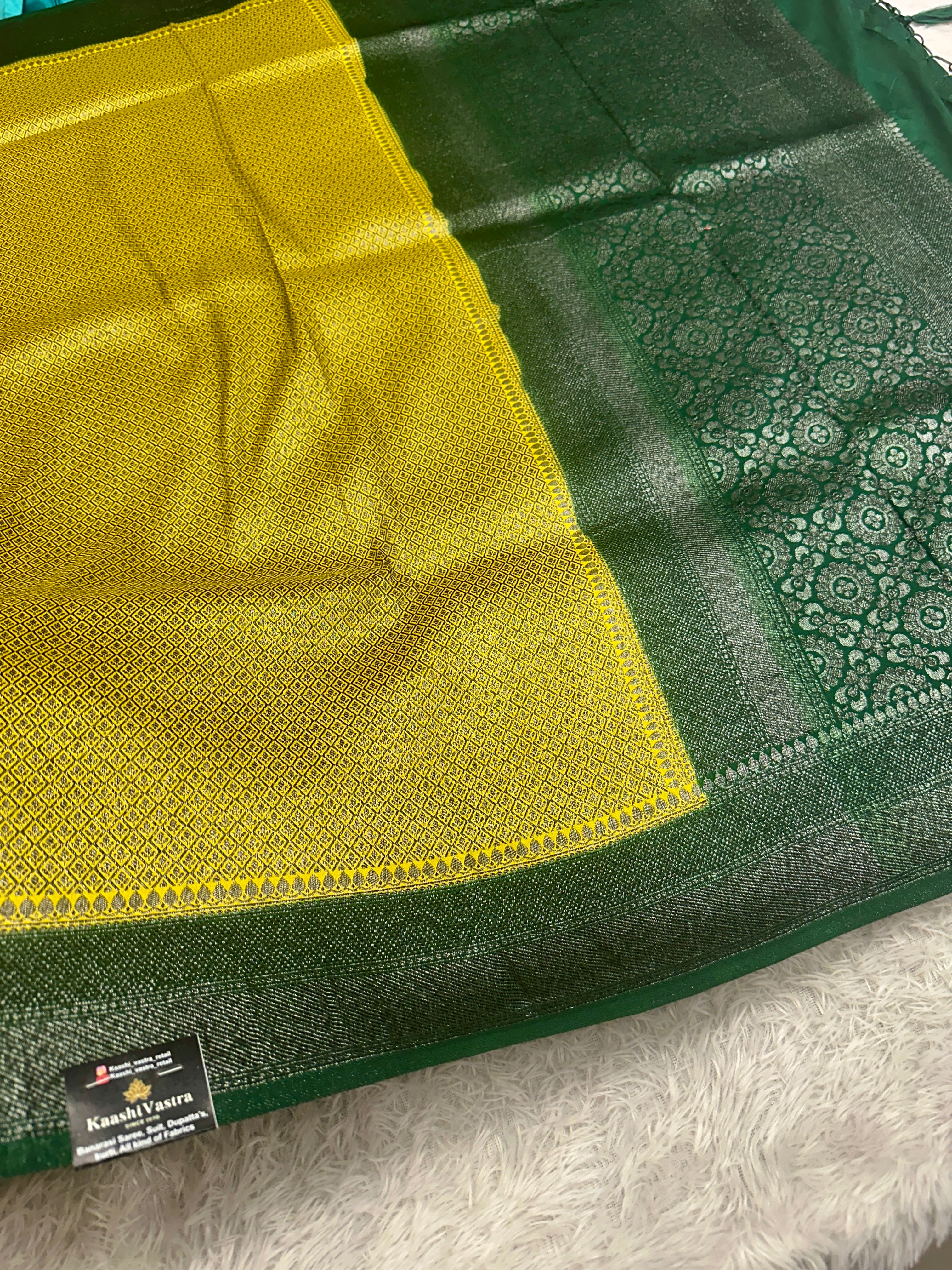 STF42 – Radiant Lemon Yellow Dupion Saree with Silver-Black Antique Zari Weaving