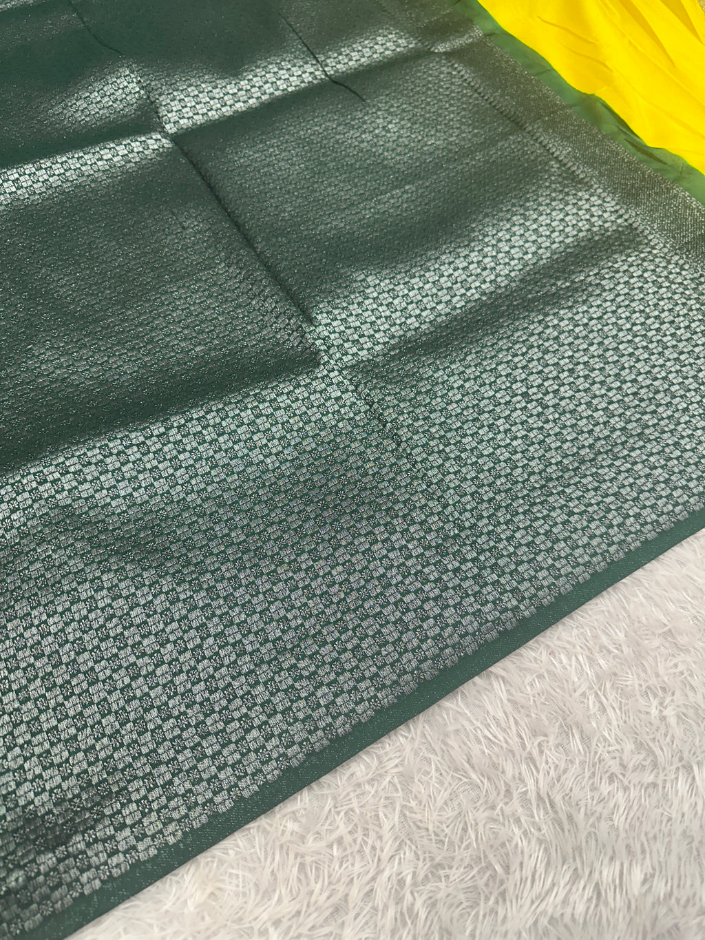 STF43– Radiant Lemon Yellow Dupion Saree with Silver-Black Antique Zari Weaving