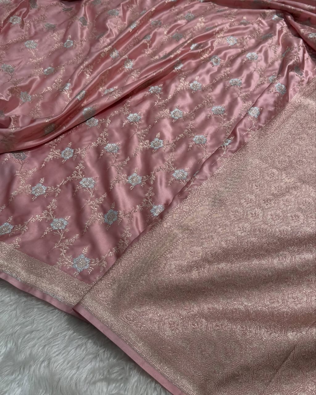 Banarasi Mashru Kataan Silk Saree Featuring Jaal Weave with Silver Zari Meena Work & Rich Pallu – MKS414