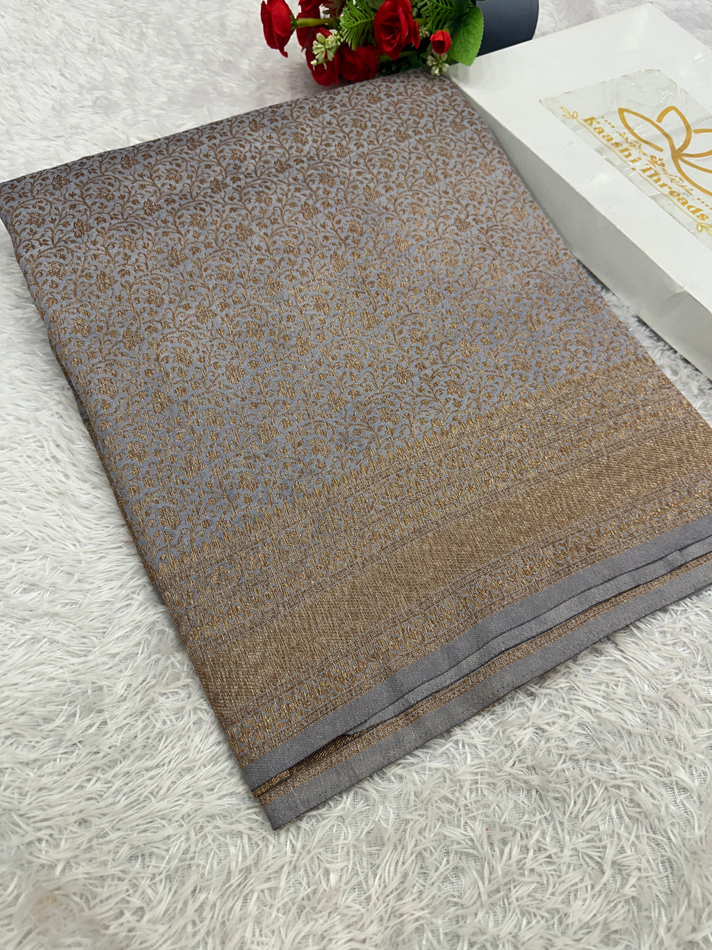Grey Banarasi Dupion Silk Saree with Embossed Antique Zari Weaving & Rich Antique Zari Pallu | STF64