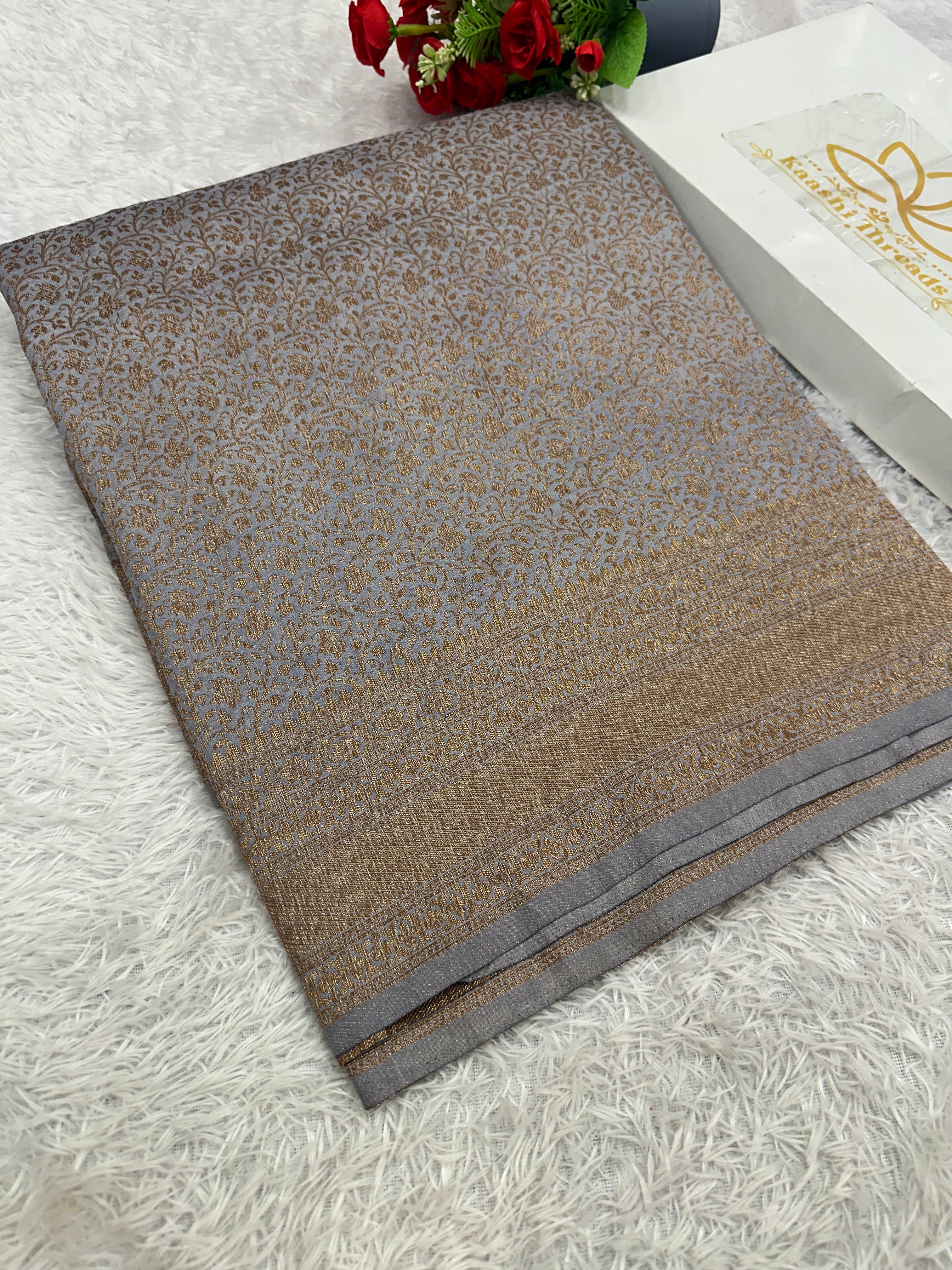 Grey Banarasi Dupion Silk Saree with Embossed Antique Zari Weaving & Rich Antique Zari Pallu | STF64