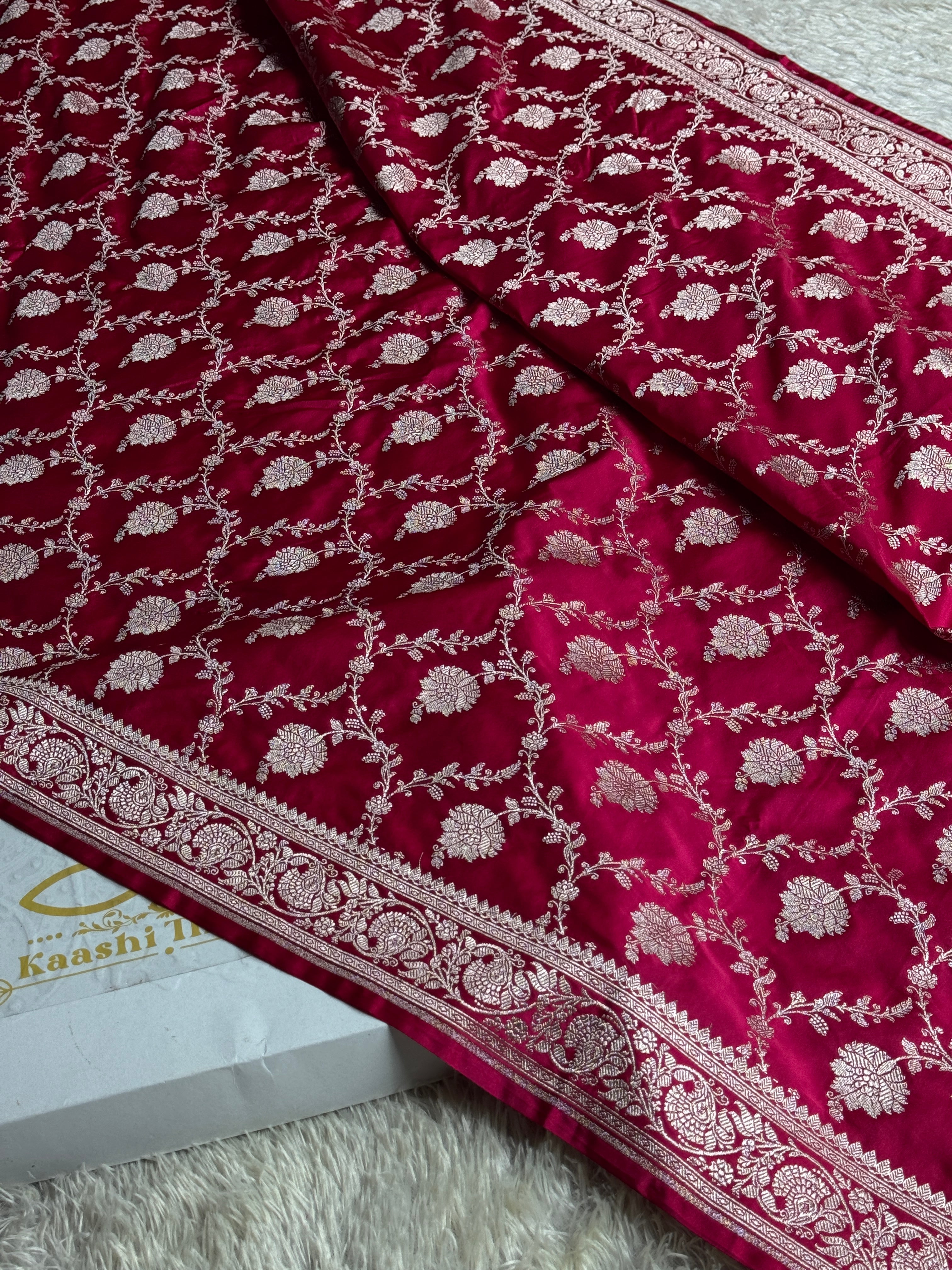 Maroon Banarasi Mashru Silk Saree with Jaal Woven Design & Satin Patta Border MKS226