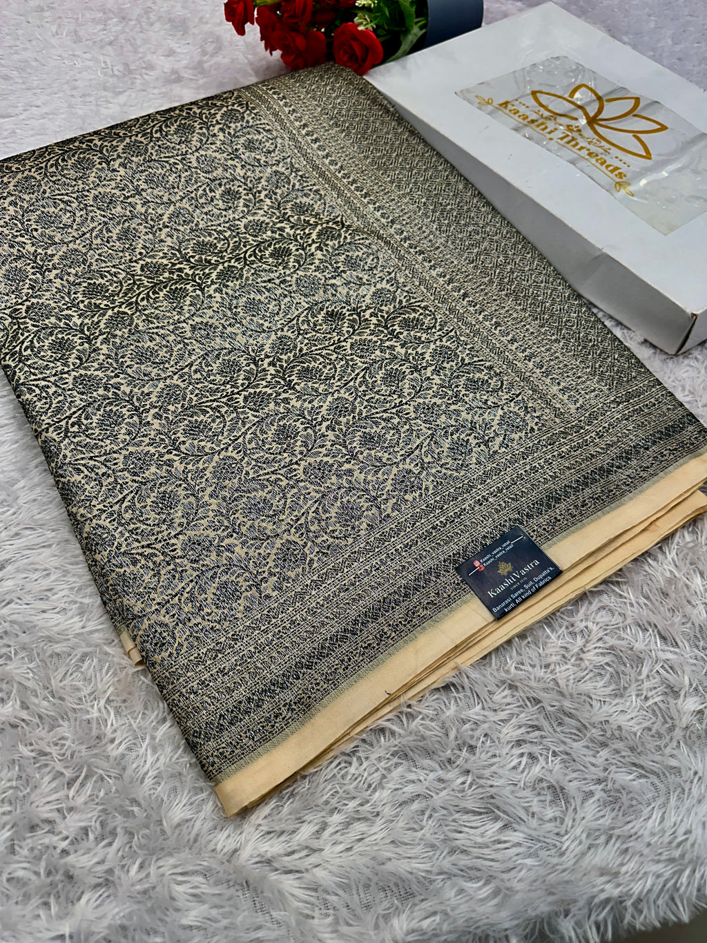 STF48 – Elegant Cream Dupion Saree with Silver-Black Antique Zari Weaving