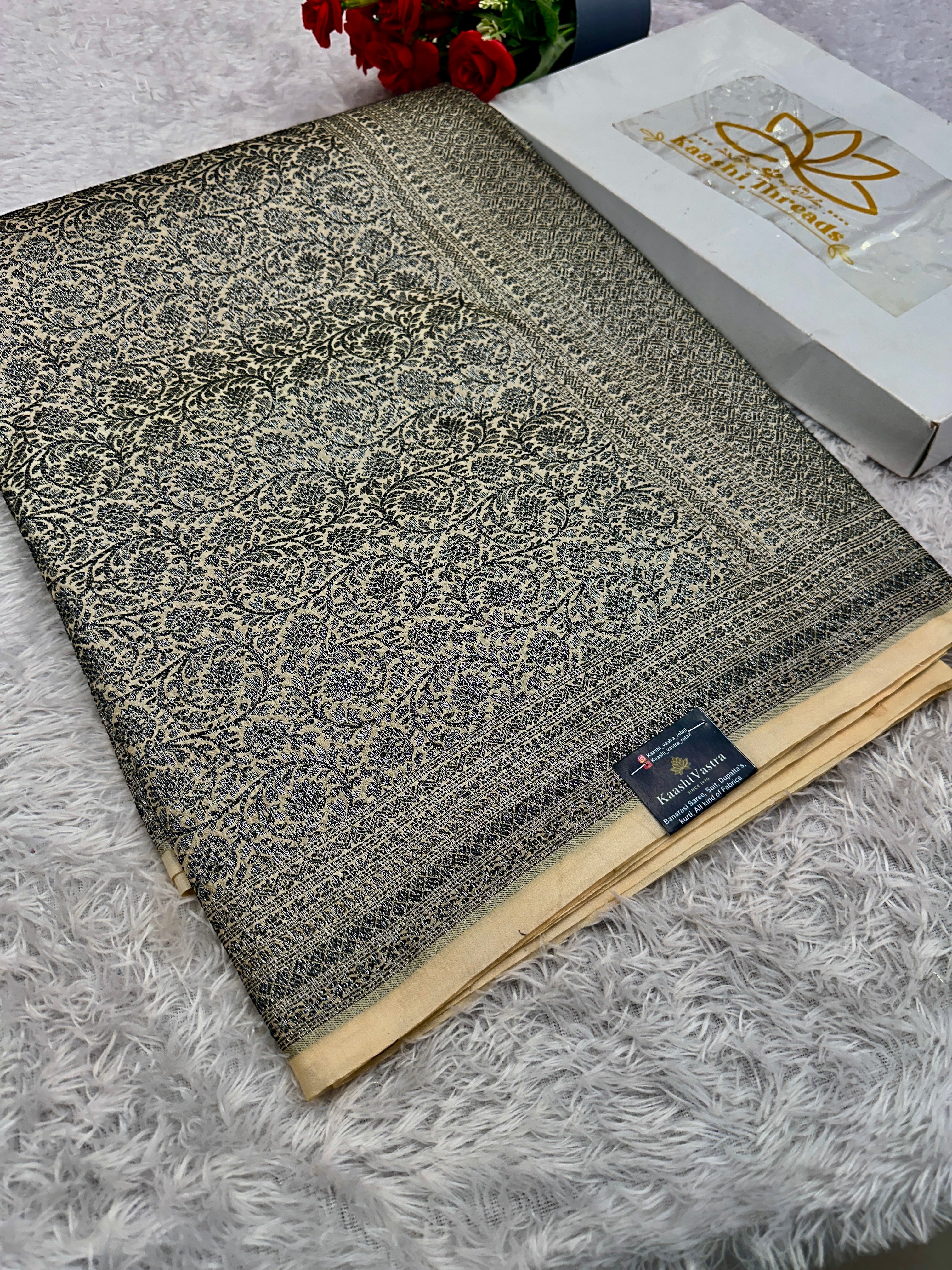 STF48 – Elegant Cream Dupion Saree with Silver-Black Antique Zari Weaving