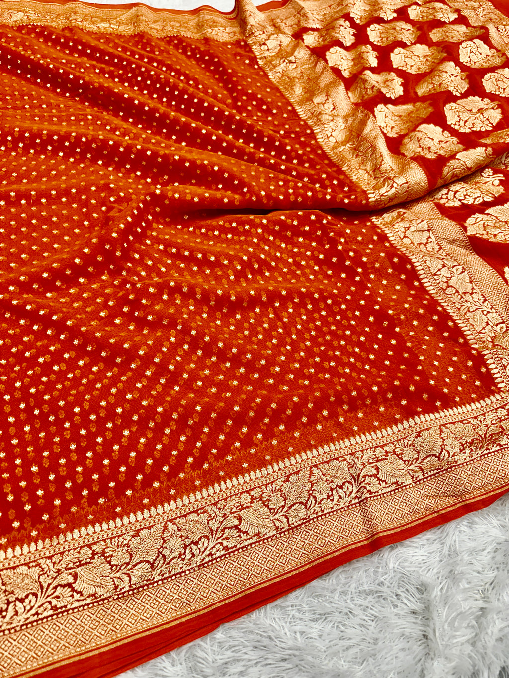 Pure Natural Silk Khaddi Georgette Saree – Orange | Chunri Buti Woven Design PSG11