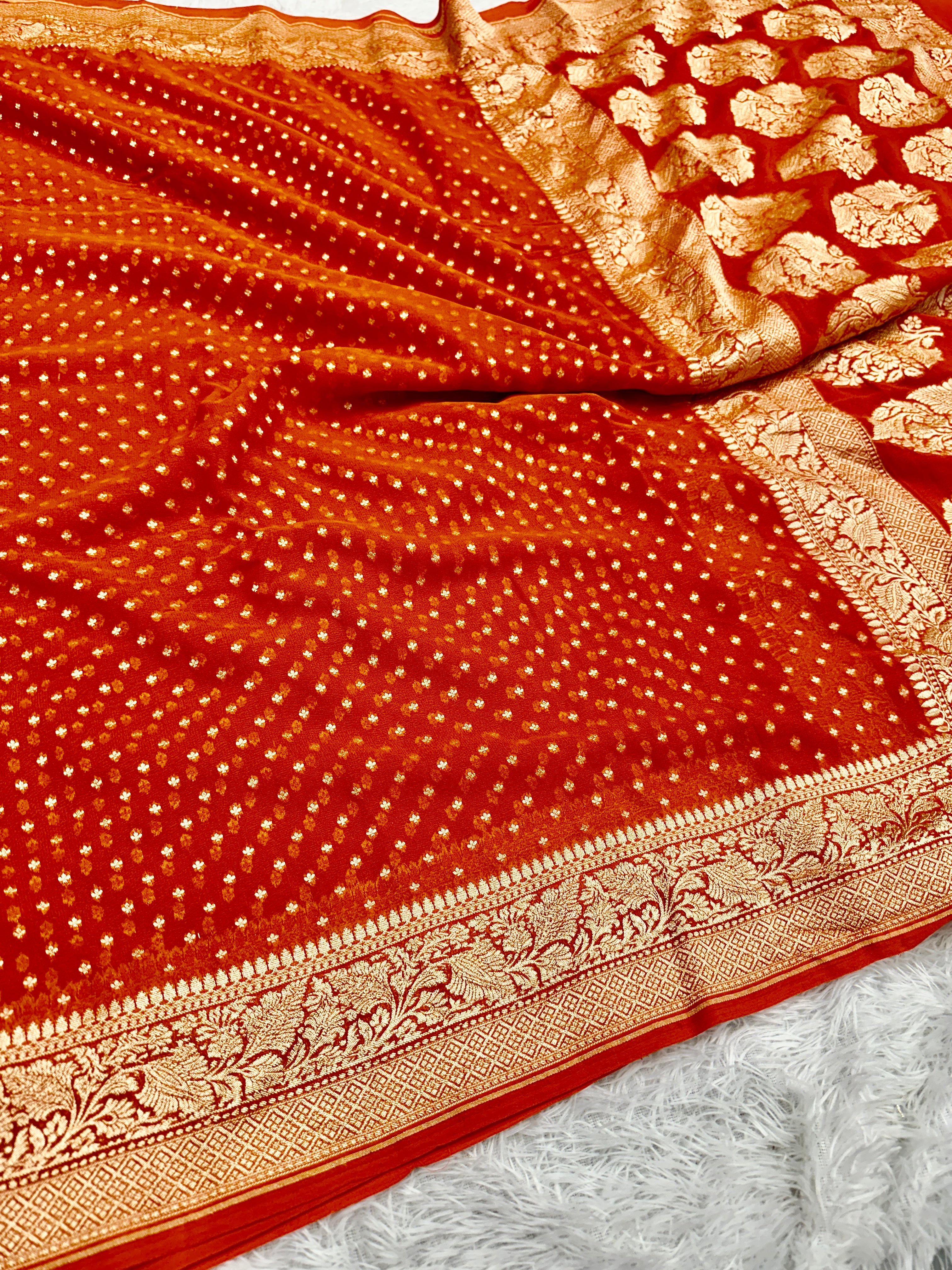 Pure Natural Silk Khaddi Georgette Saree – Orange | Chunri Buti Woven Design PSG11