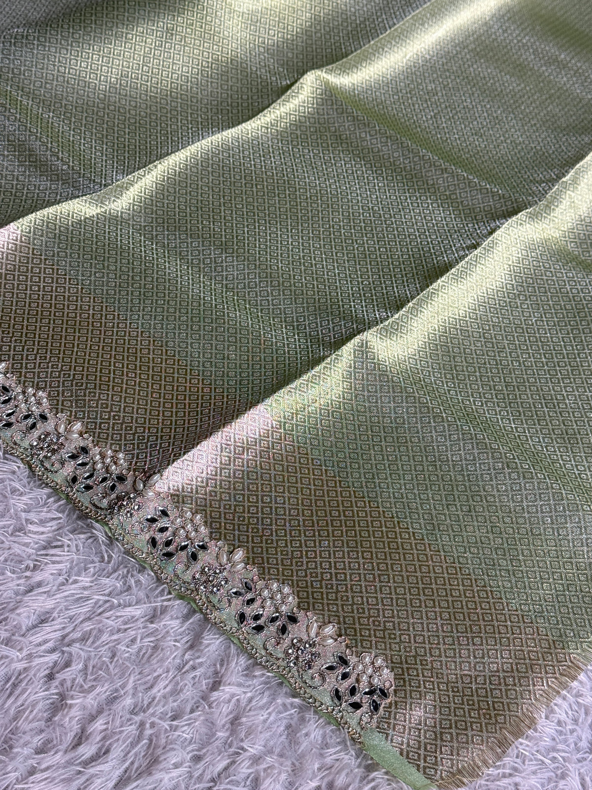 Pista Tissue Silk Saree with Moti Lace & Rich Zari Pallu | TS58