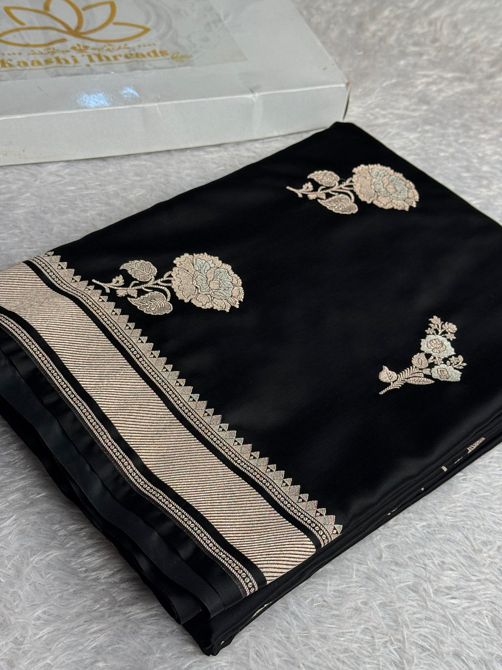 Black Mashru Kataan Silk Banarasi Saree with Silver Meena Weaving | MKS723