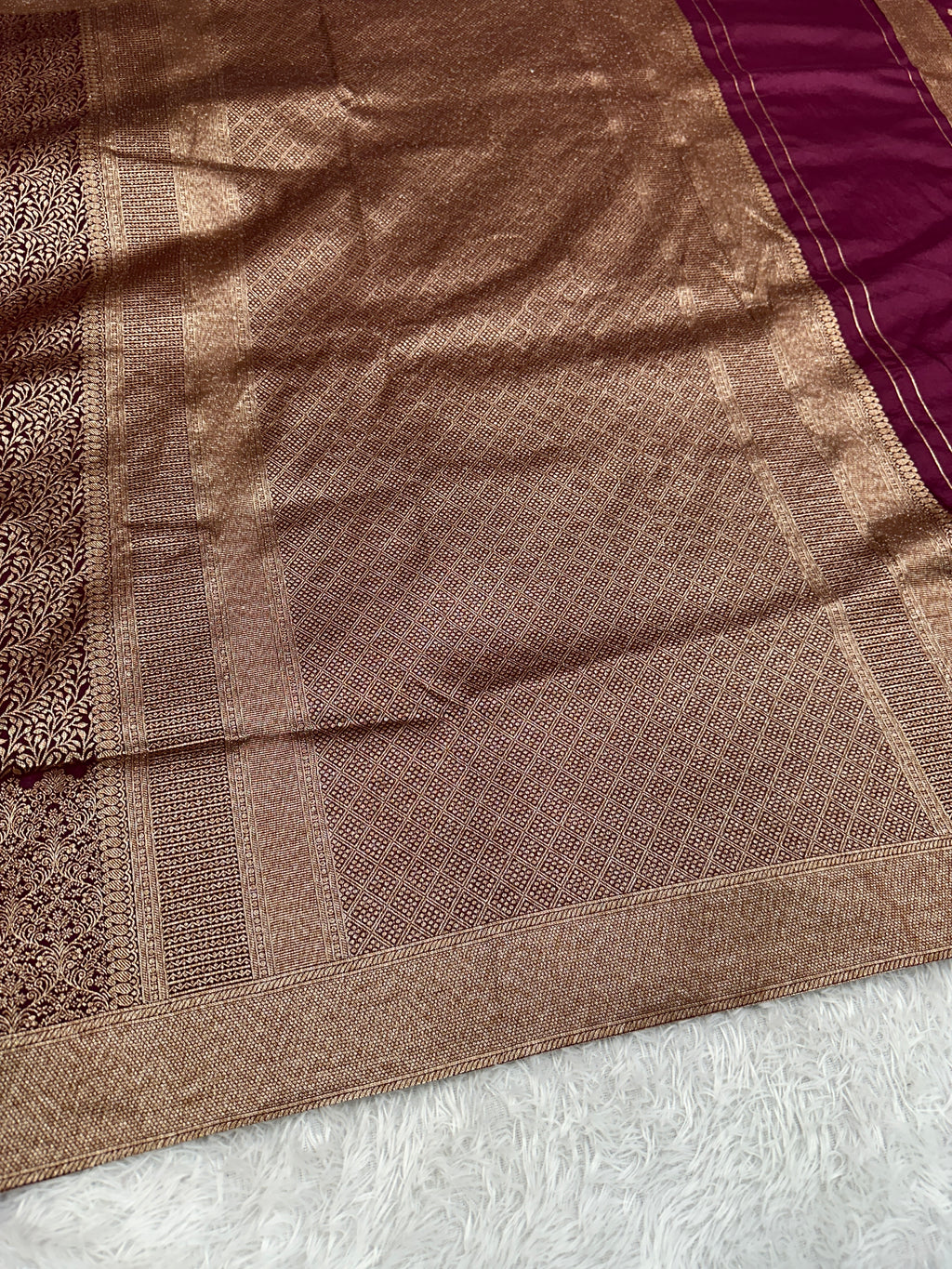 Wine Maroon Banarasi Dupion Silk Saree with Embossed Antique Zari Weaving & Rich Antique Zari Pallu | STF103