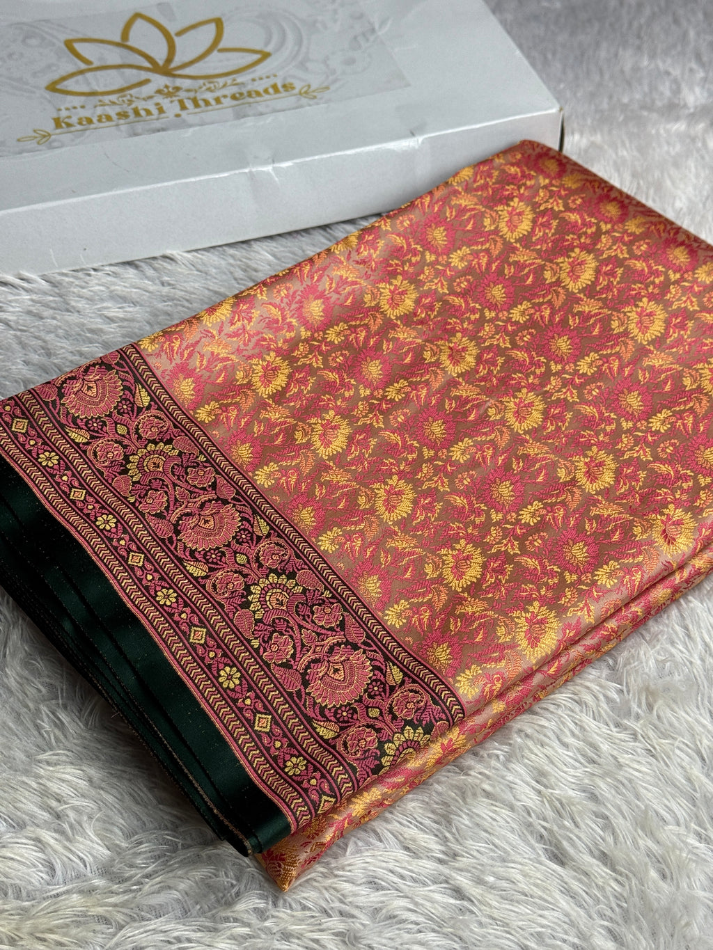 Beige with Green Banarasi Mashru Silk Saree with Jamawar Woven Design JMW11