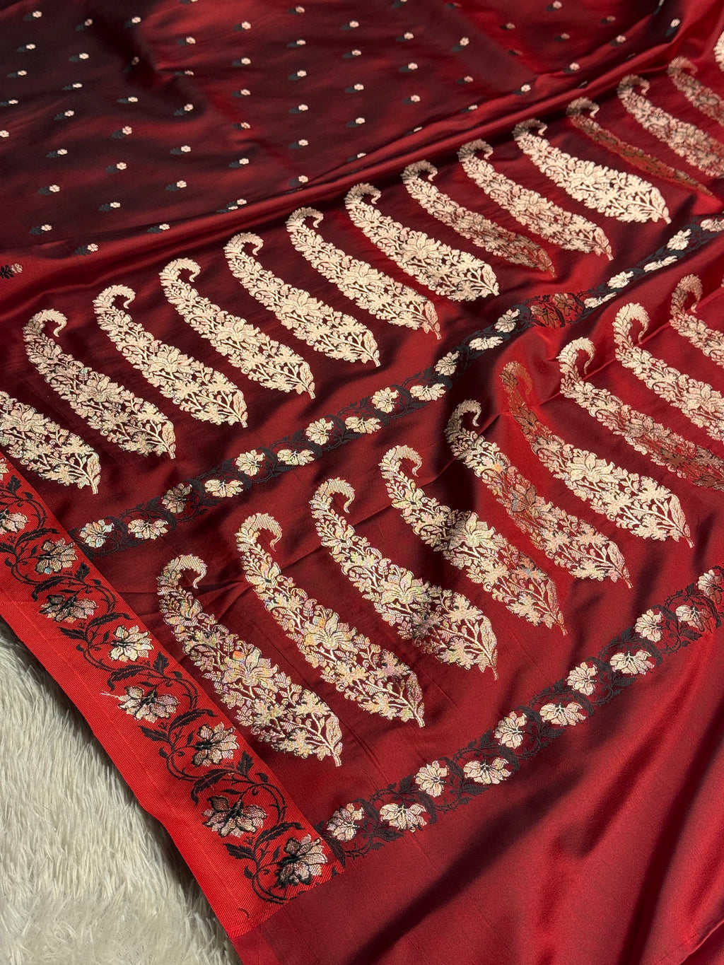 Maroon Banarasi Mashru Silk Saree with Buti Woven Design & Satin Patta Border MKS226
