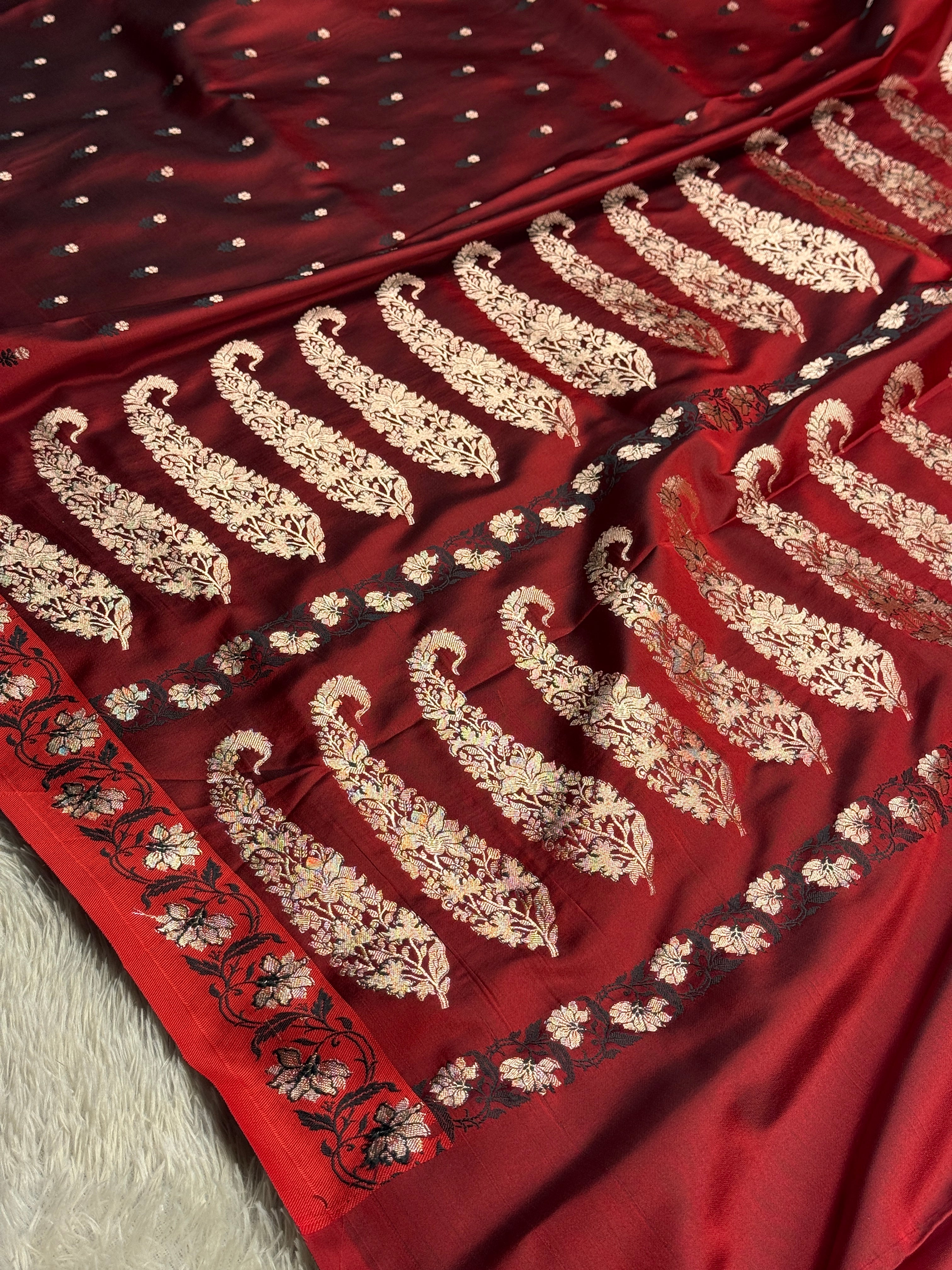 Maroon Banarasi Mashru Silk Saree with Buti Woven Design & Satin Patta Border MKS226