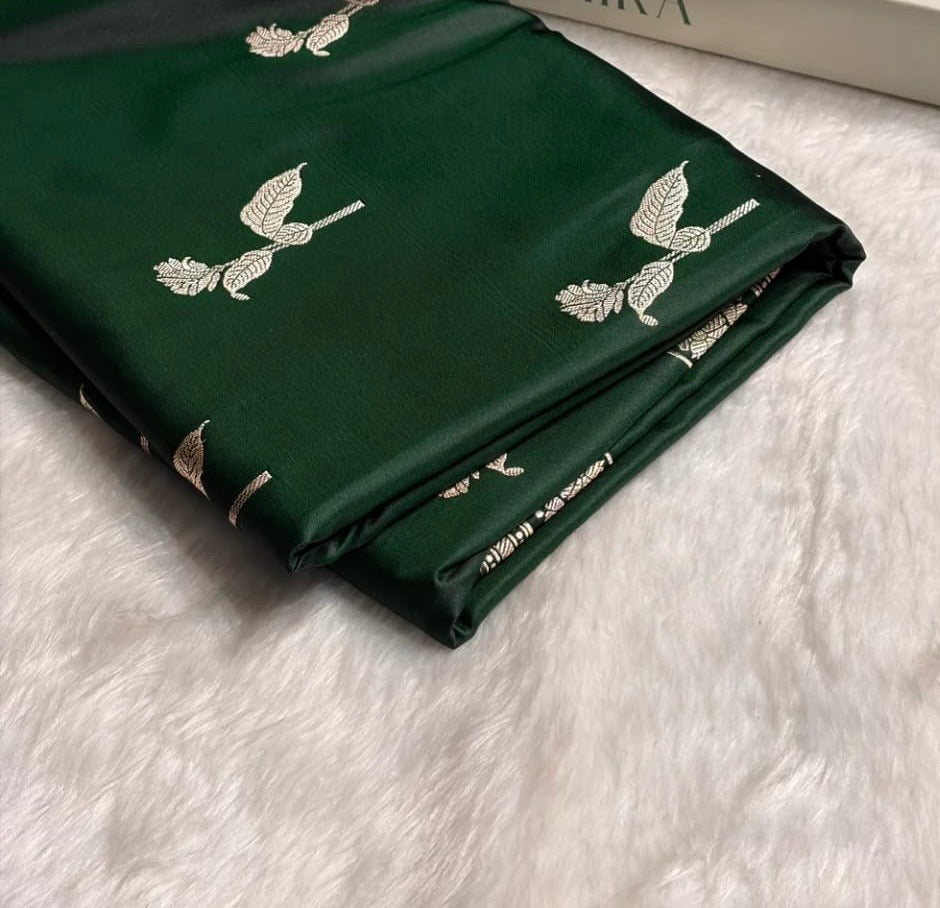 Banarasi Mashru Kataan Silk Saree Featuring Flower Buta Design with Ikkat Border and Zari Pallu – MKS409