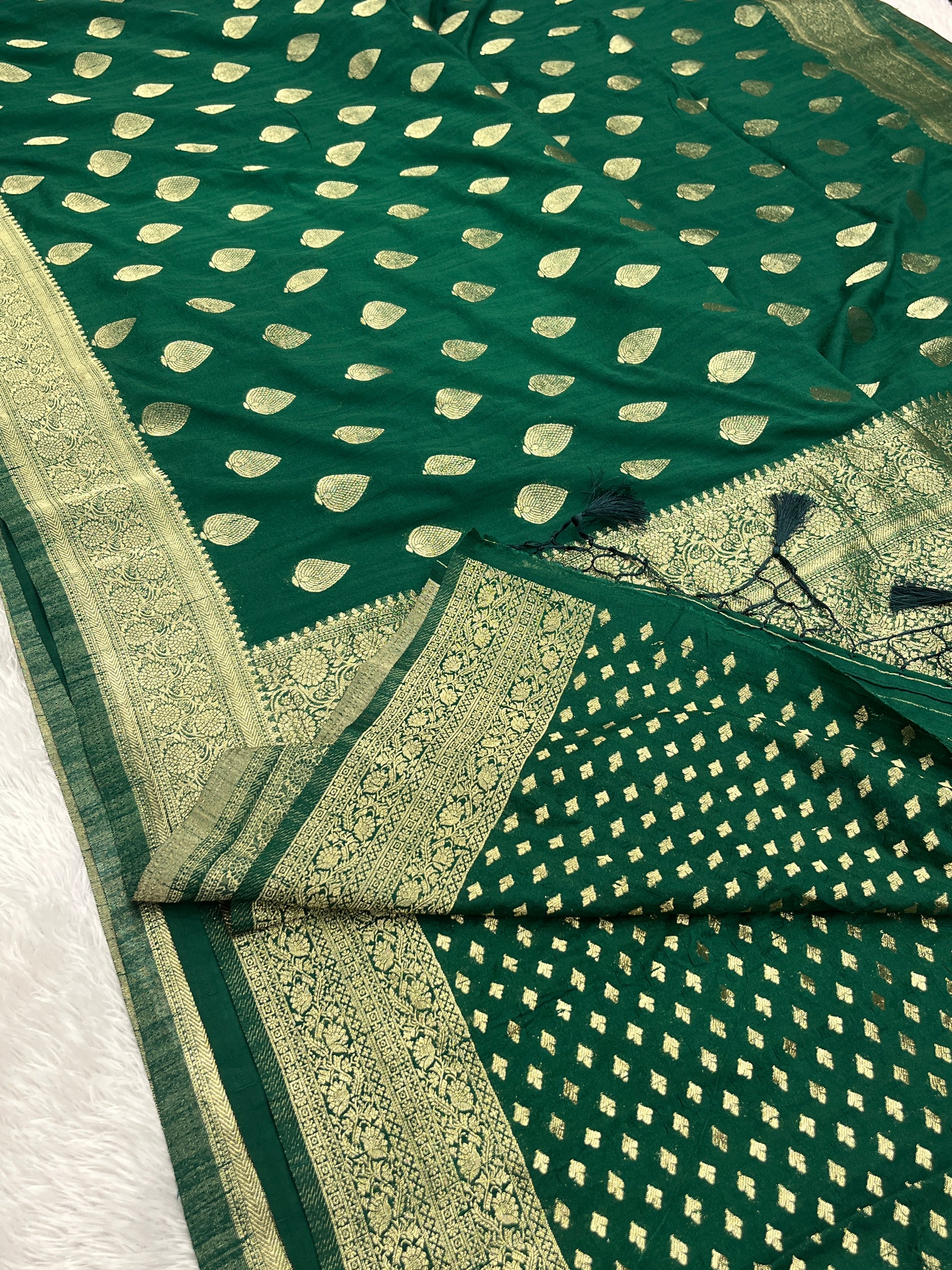 Raw Silk Zari Paan Green color  Saree RS005