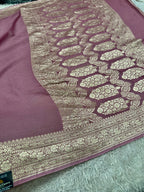 Pure Silk Georgette Burgundy & Light Pink Banarasi Saree with Nimzari Woven Border & Rich Zari Pallu PS154