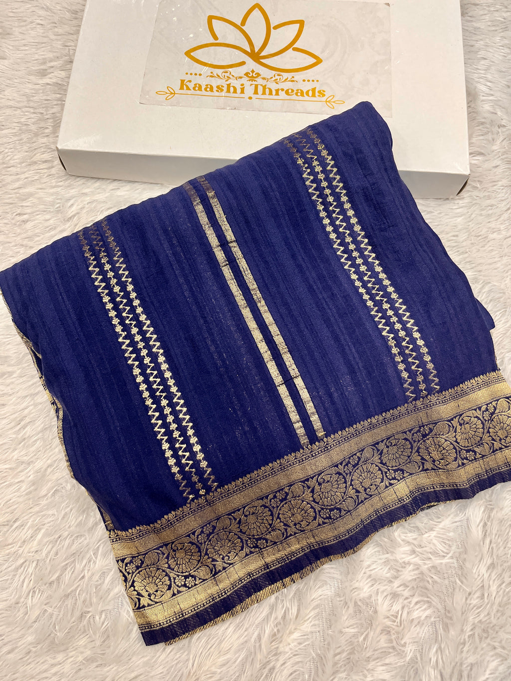 Raw Silk Zari Lining Navy Blue color  Saree RS003