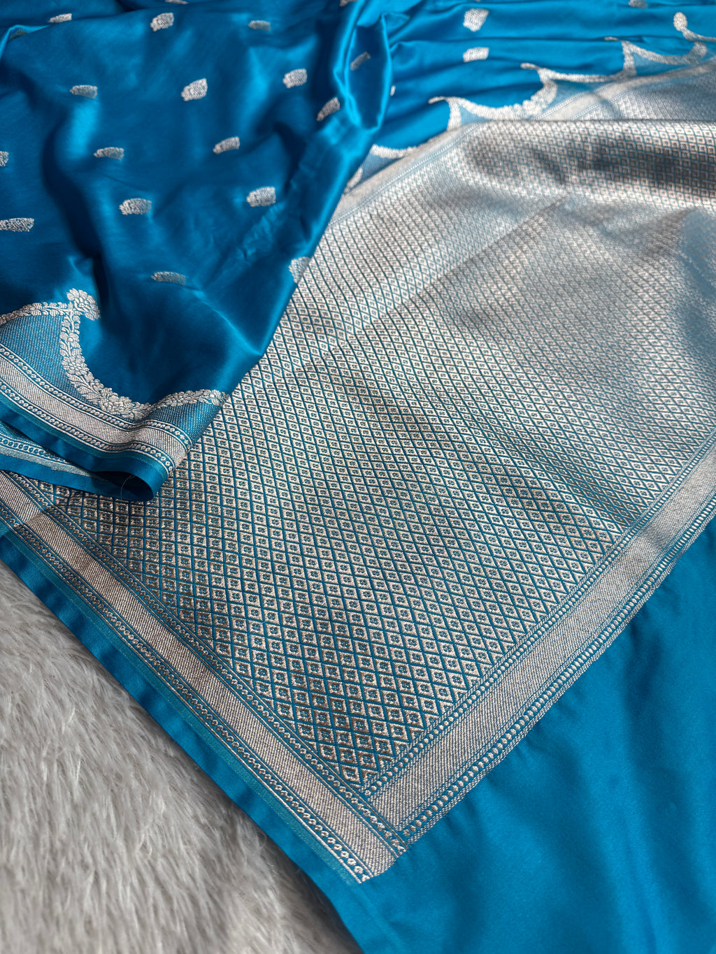 Light Blue Banarasi Mashru Kataan Silk Saree with All-over Jaal Weaving & Rupa-Sona Zari Work MKS111