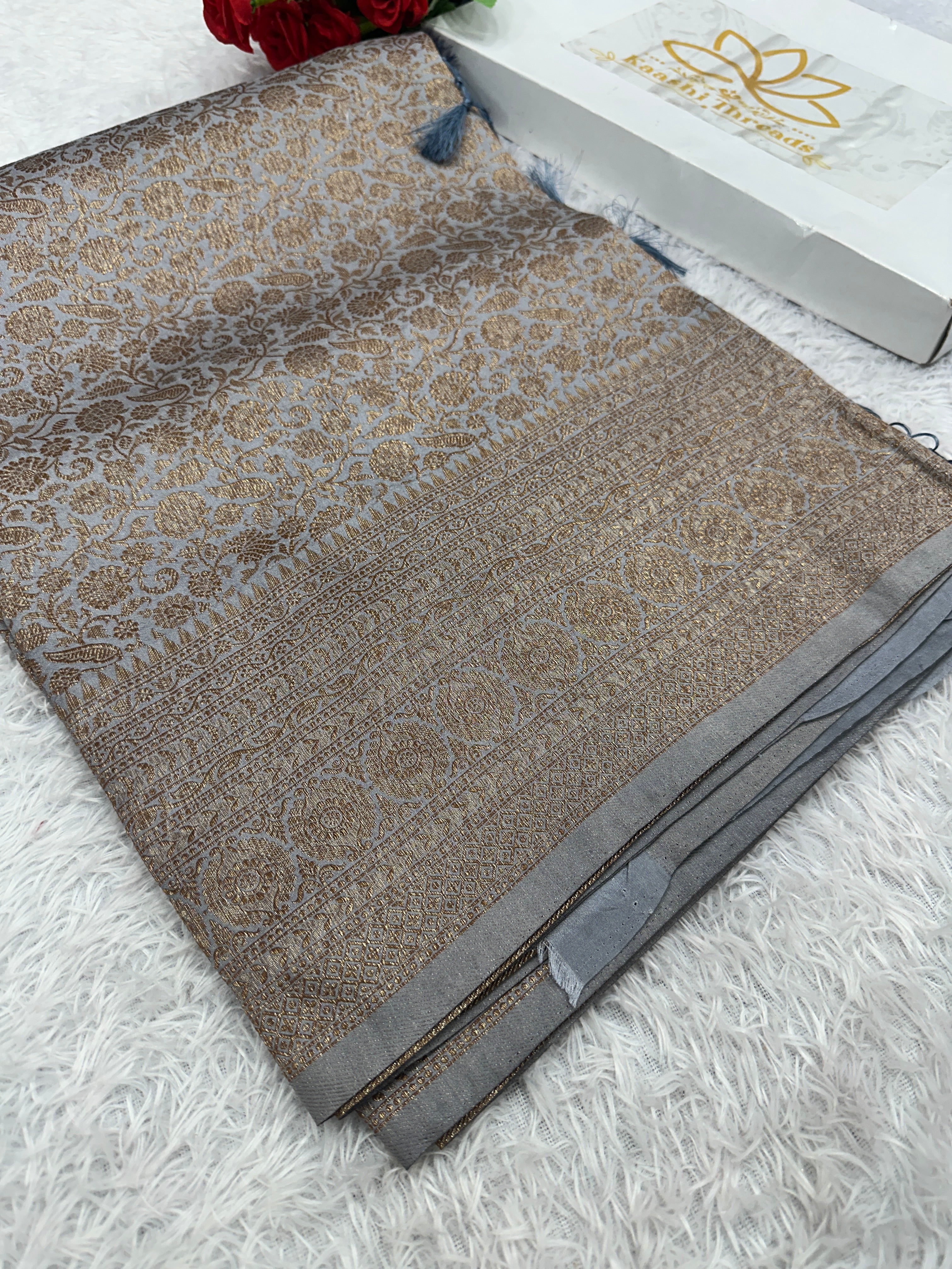Grey Banarasi Dupion Silk Saree with Embossed Antique Zari Weaving & Rich Antique Zari Pallu | STF72