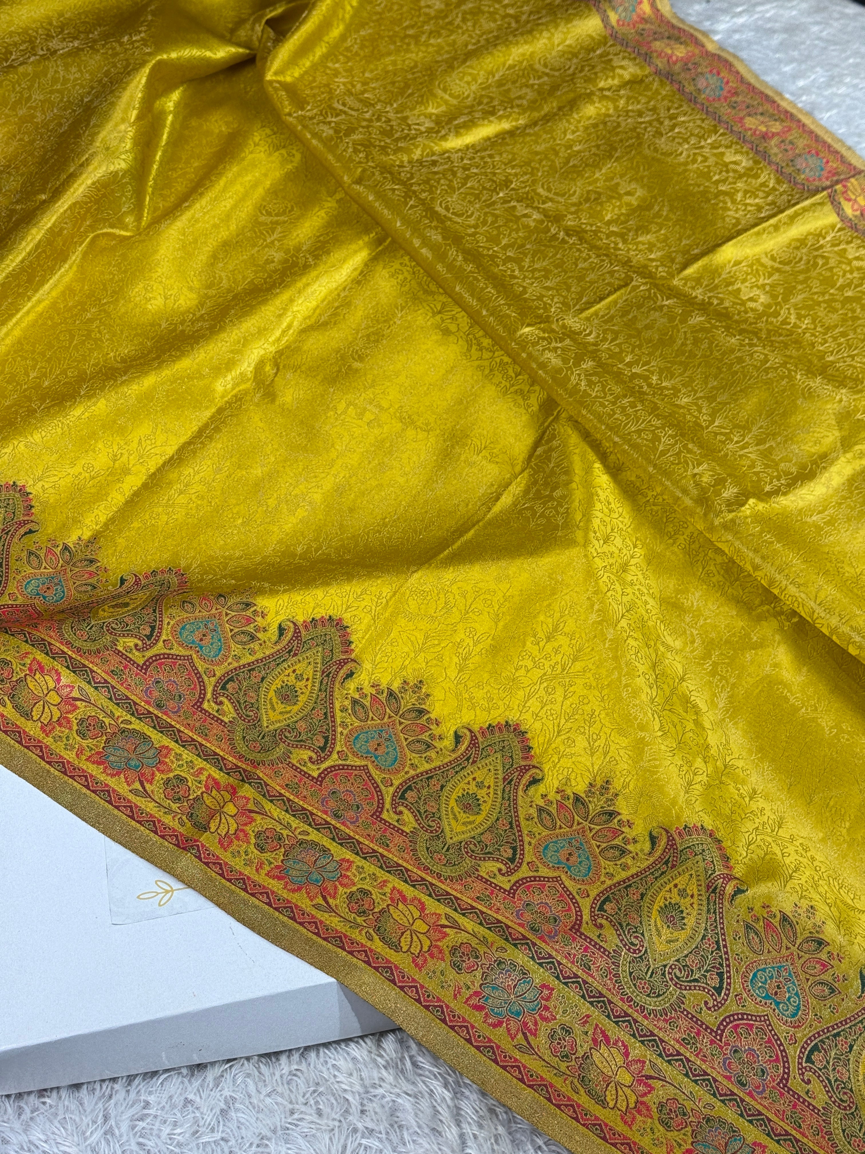 🍋 Lemon Yellow Embossed Kanchi Tissue Soft Silk Saree with Tilfi Meenakari Pallu & Border MKS401