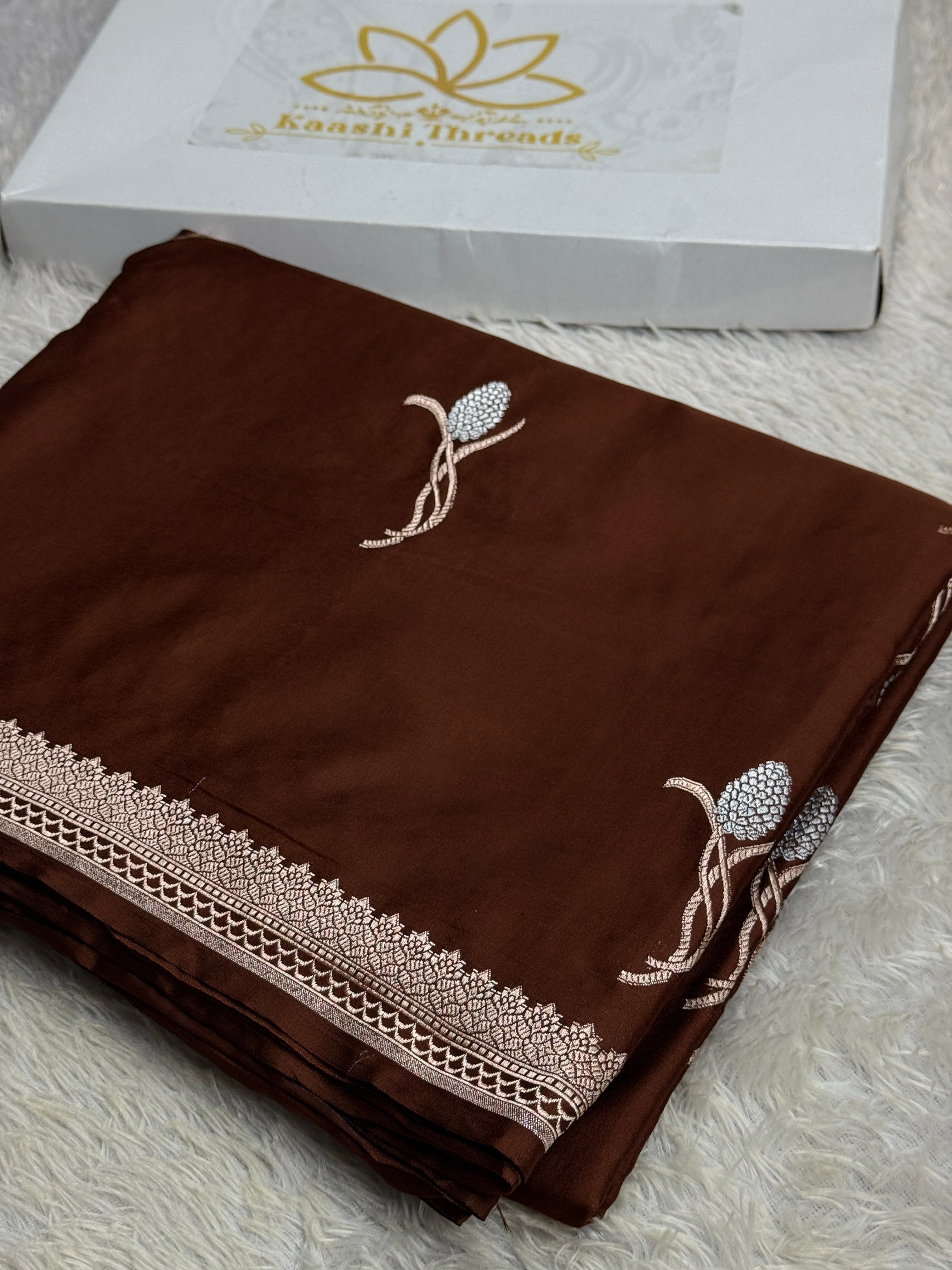 Elegant Coffee Banarasi Mashru Silk Saree with Meena Silver Zari Woven Pattern MKS221
