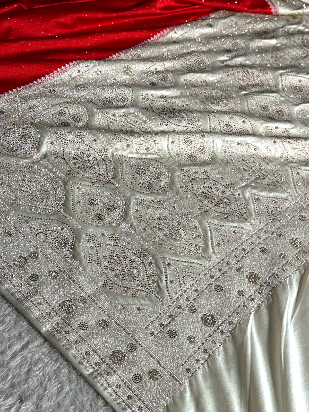 Red & Cream Mashru Saatan Silk Saree with All-Over Swarovski Stone Work – MKS834