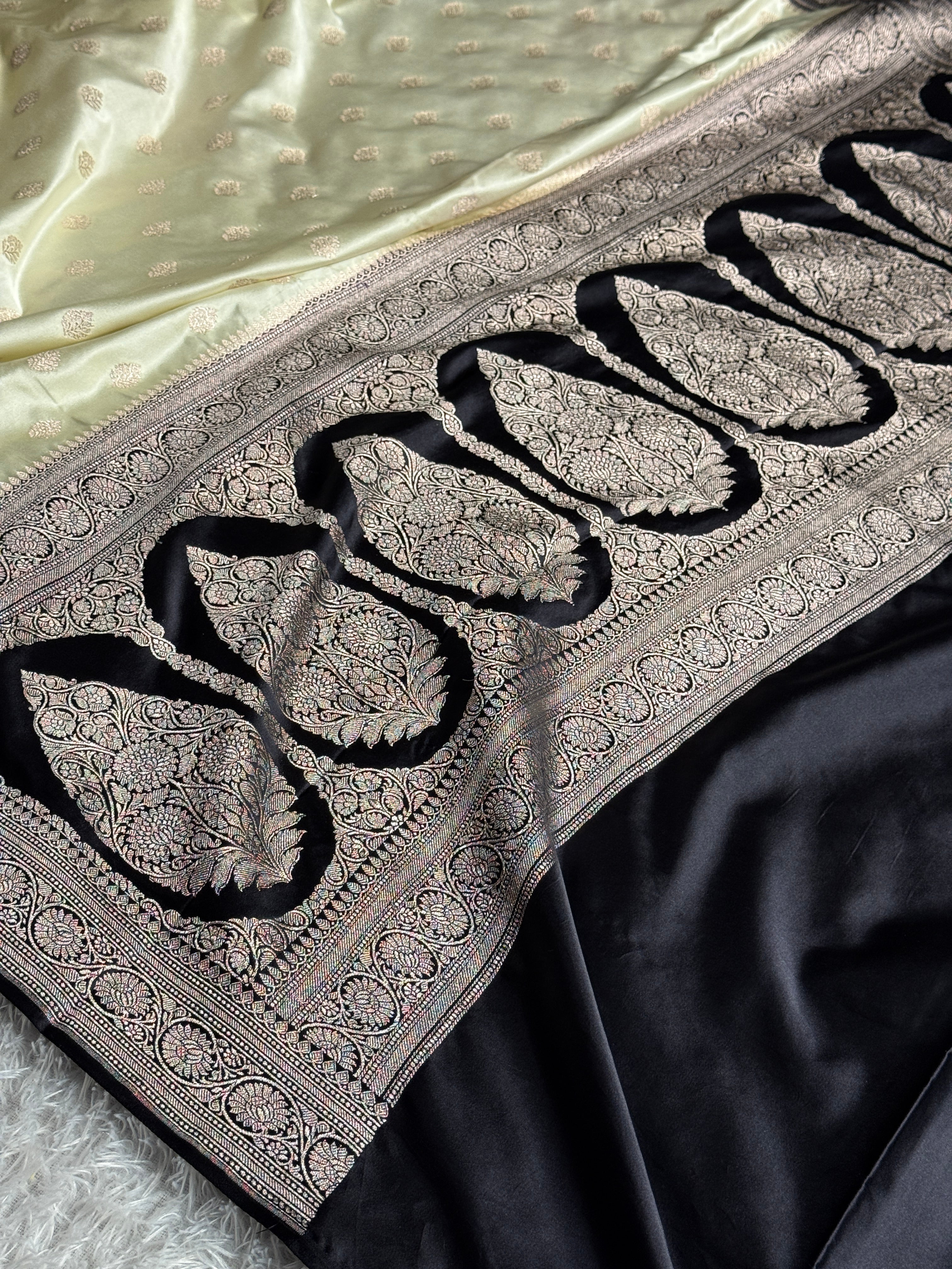 Cream & Black Mashru Kataan Silk Saree with Buta Woven Design and Rich Zari Pallu | MKS644
