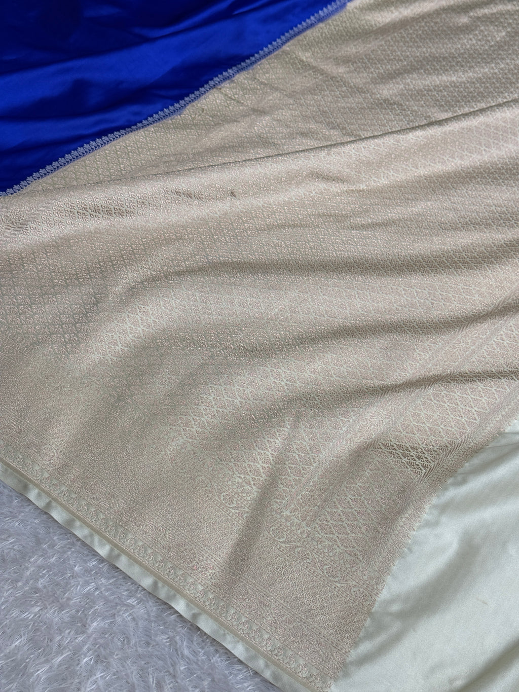 Mashru Kataan Silk Banarasi Saree – Blue with Cream Contrast | MKS709