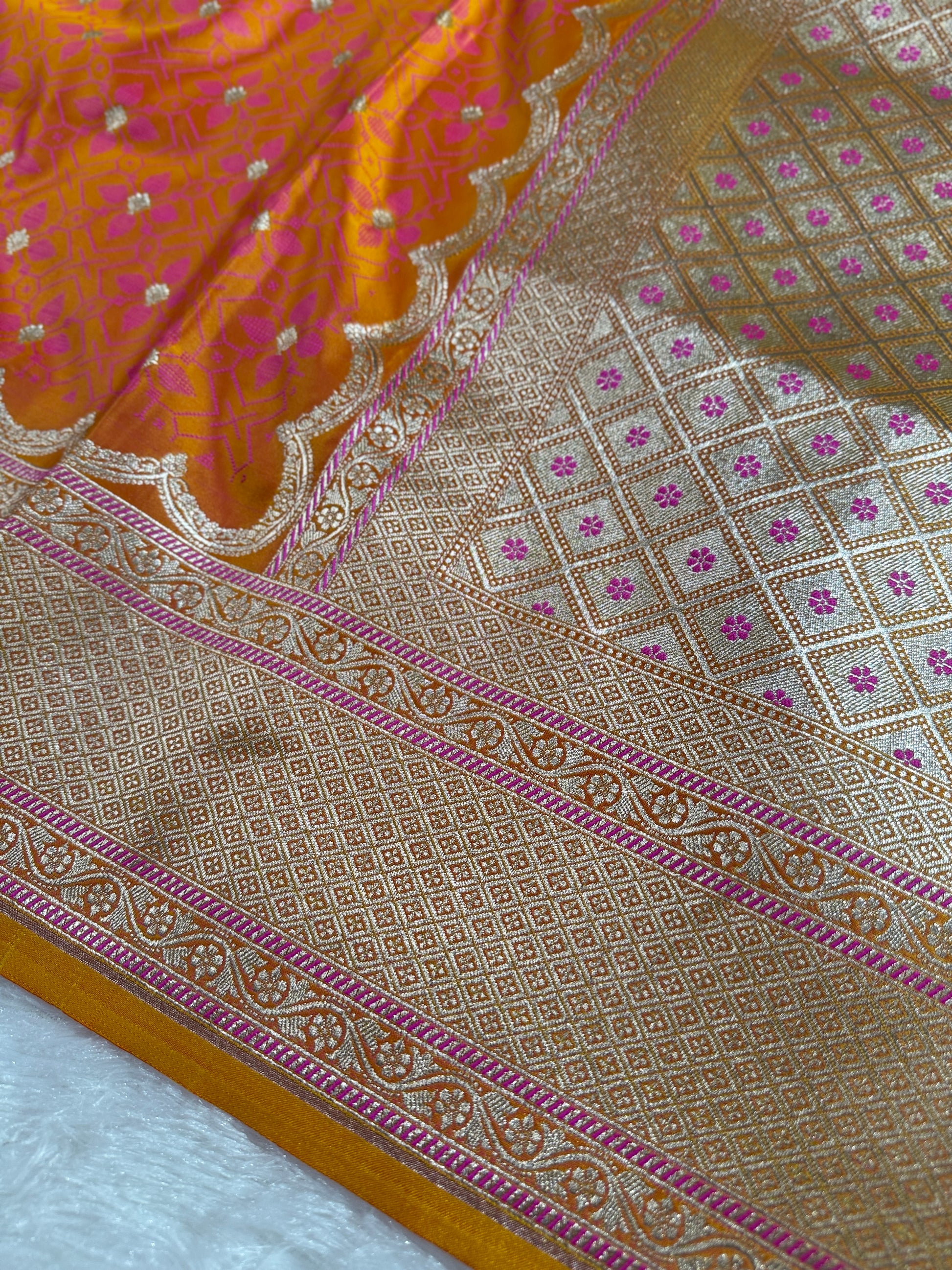 Gold Yellow Banarasi Mashru Silk Saree with Tanchoi Meena Woven Pattern & Fancy Jacquard Border MKS106