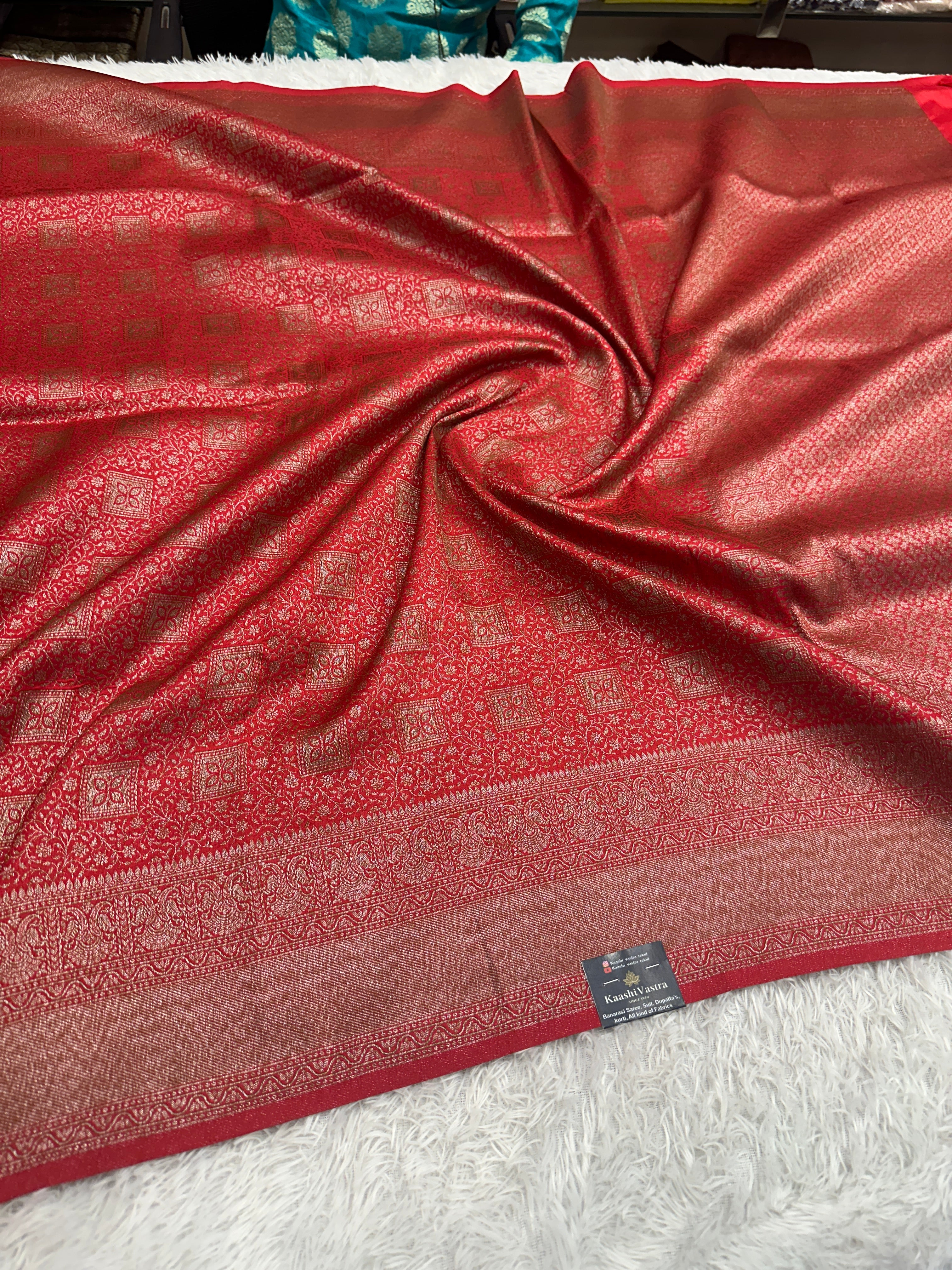 Red Banarasi Dupion Silk Saree with Embossed Antique Zari Weaving & Rich Antique Zari Pallu | STF107