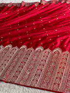 Maroon Banarasi Mashru Kataan Silk Saree with All-Over Zari & Sirozki Diamond Work – MKS854