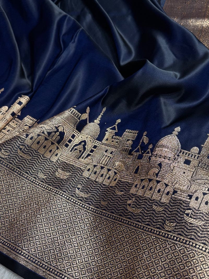 Mashru Kataan Silk Saree with Ghats Woven Design, Ikkat Border & Rich Zari Pallu – MKS406