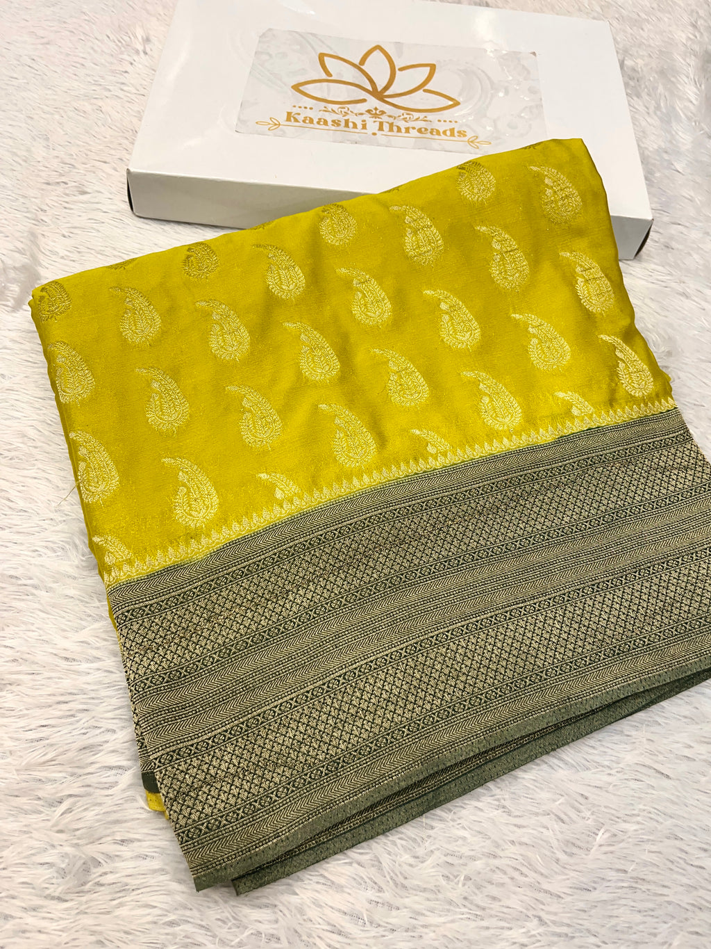 Chinon Silk Karry  Buta  Design Lemon with Green  color  Saree CN07