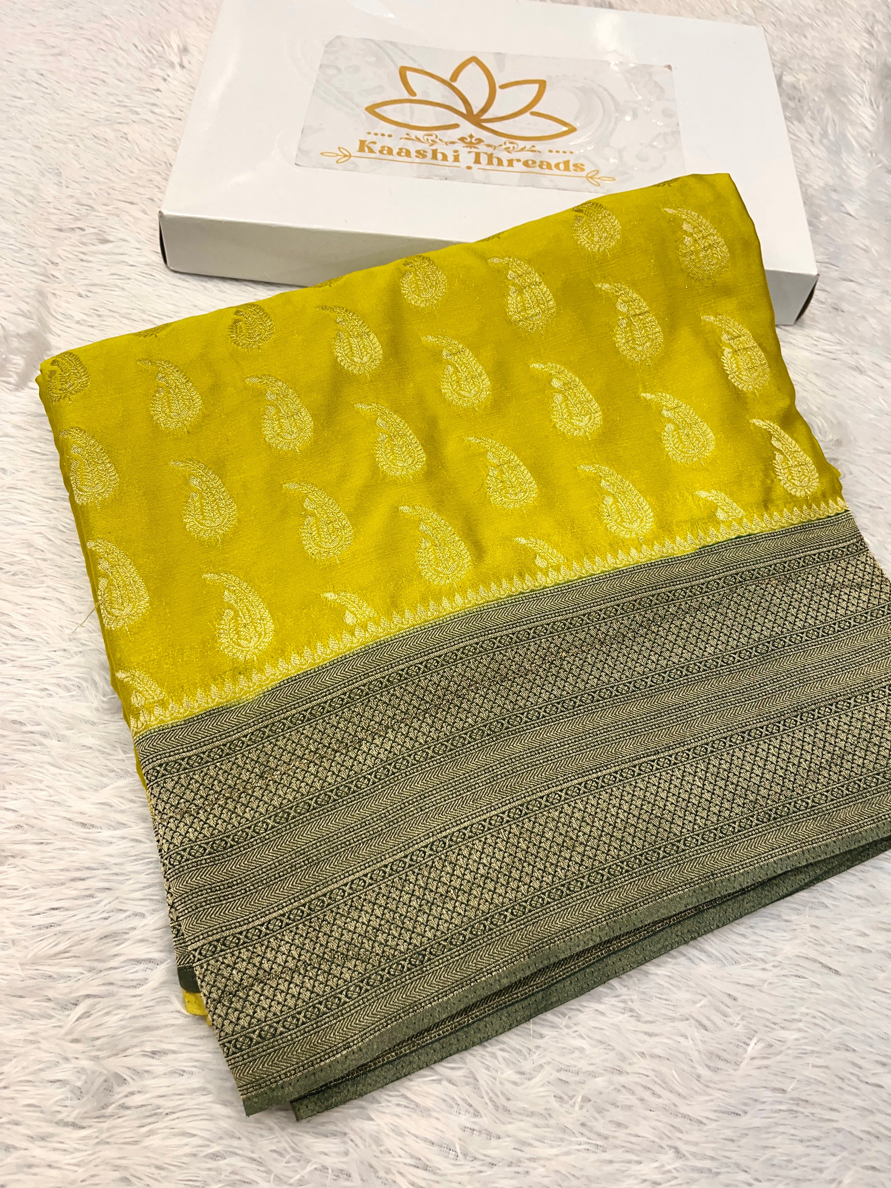 Chinon Silk Karry  Buta  Design Lemon with Green  color  Saree CN07