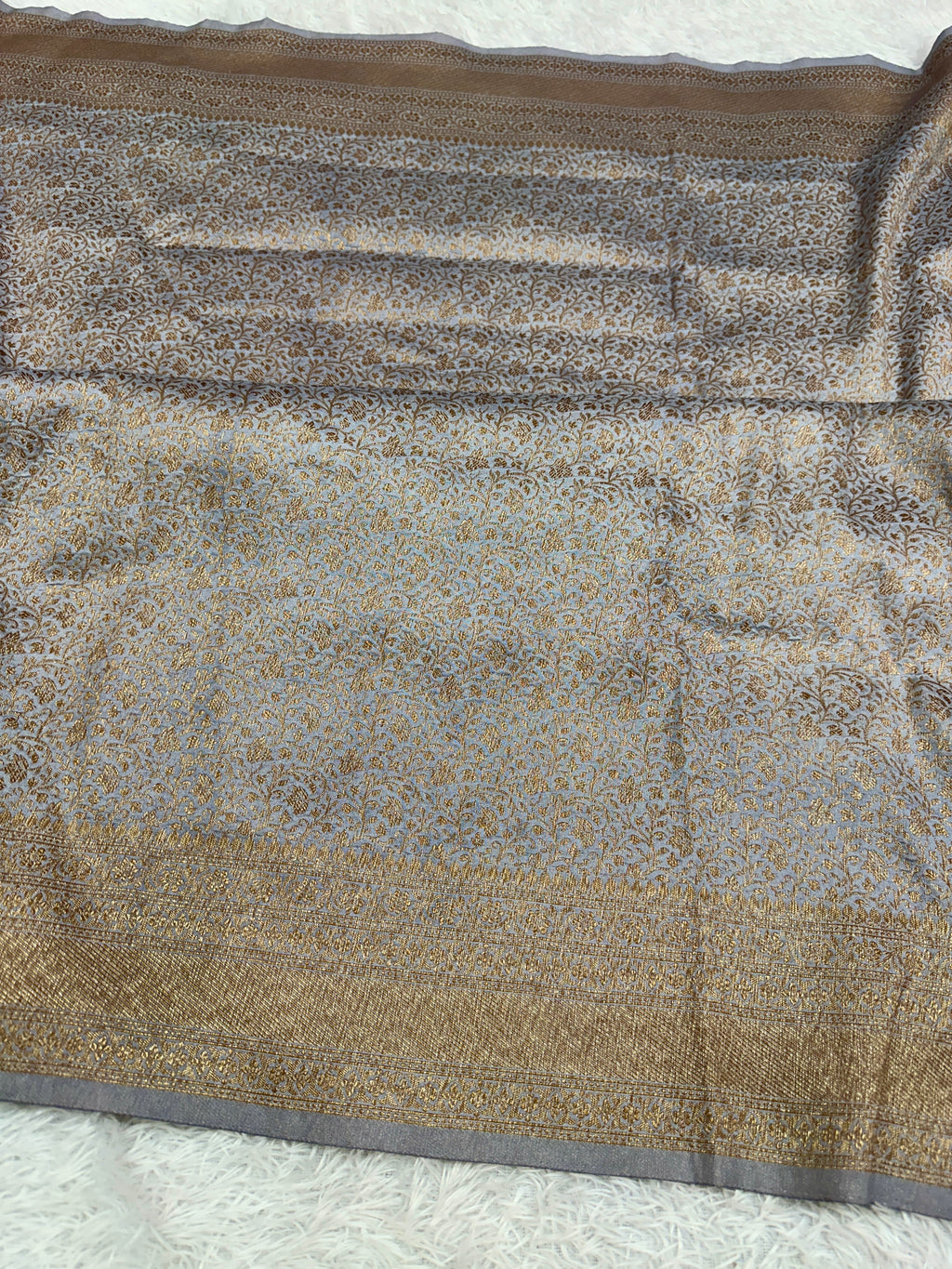 Grey Banarasi Dupion Silk Saree with Embossed Antique Zari Weaving & Rich Antique Zari Pallu | STF64