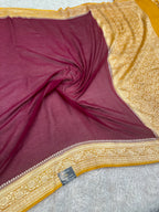 Pure Silk Georgette Wine & Yellow Banarasi Saree with Nimzari Woven Border & Rich Zari Pallu PS152