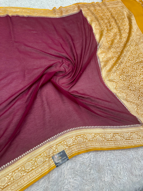Pure Silk Georgette Wine & Yellow Banarasi Saree with Nimzari Woven Border & Rich Zari Pallu PS152