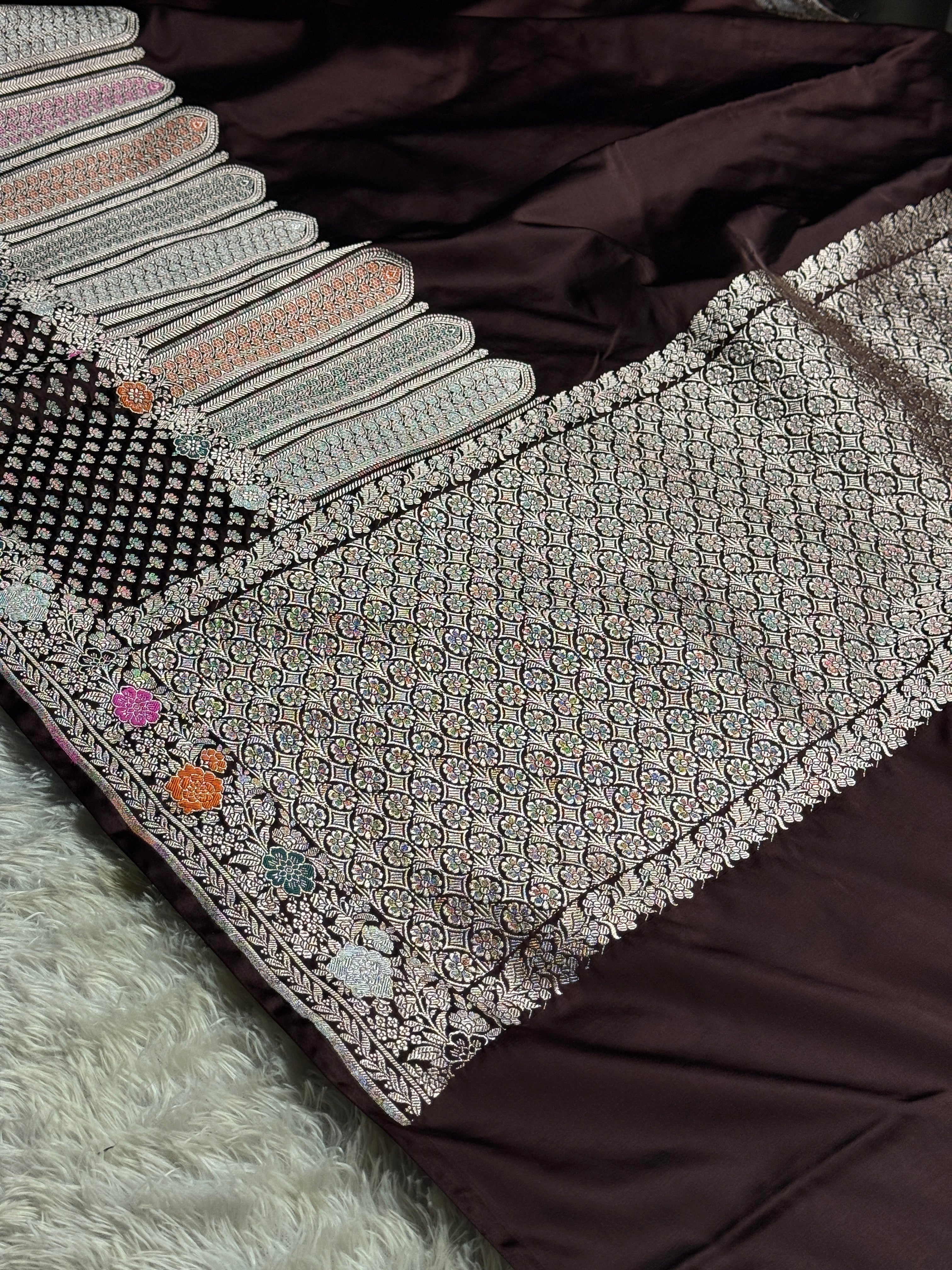✨ Royal Wine Meenakari Woven Banarasi Satin Mashru Silk Saree with Scalloped Border MKS212