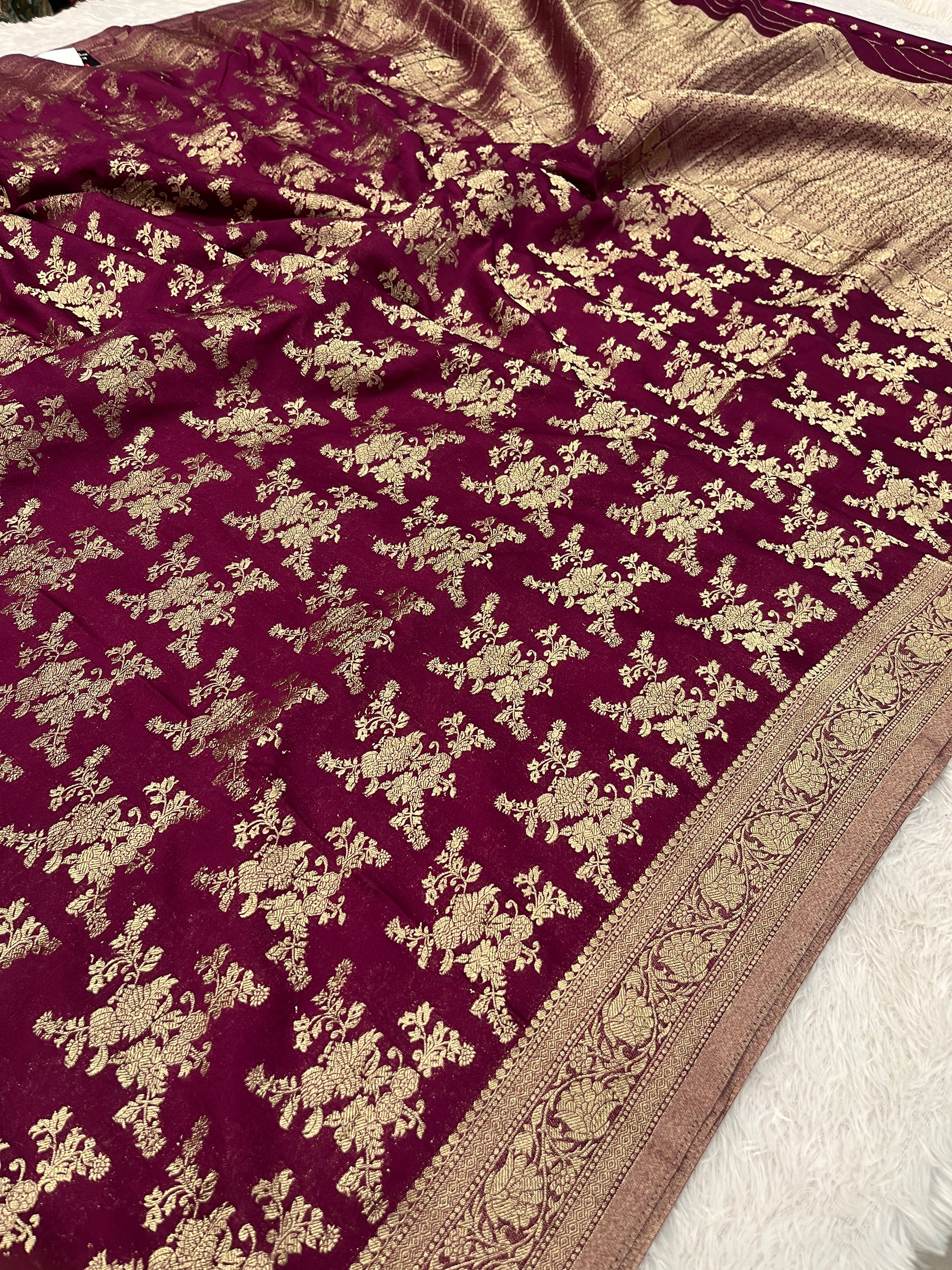 Chinon Silk Flower Design Wine Color Saree CN04