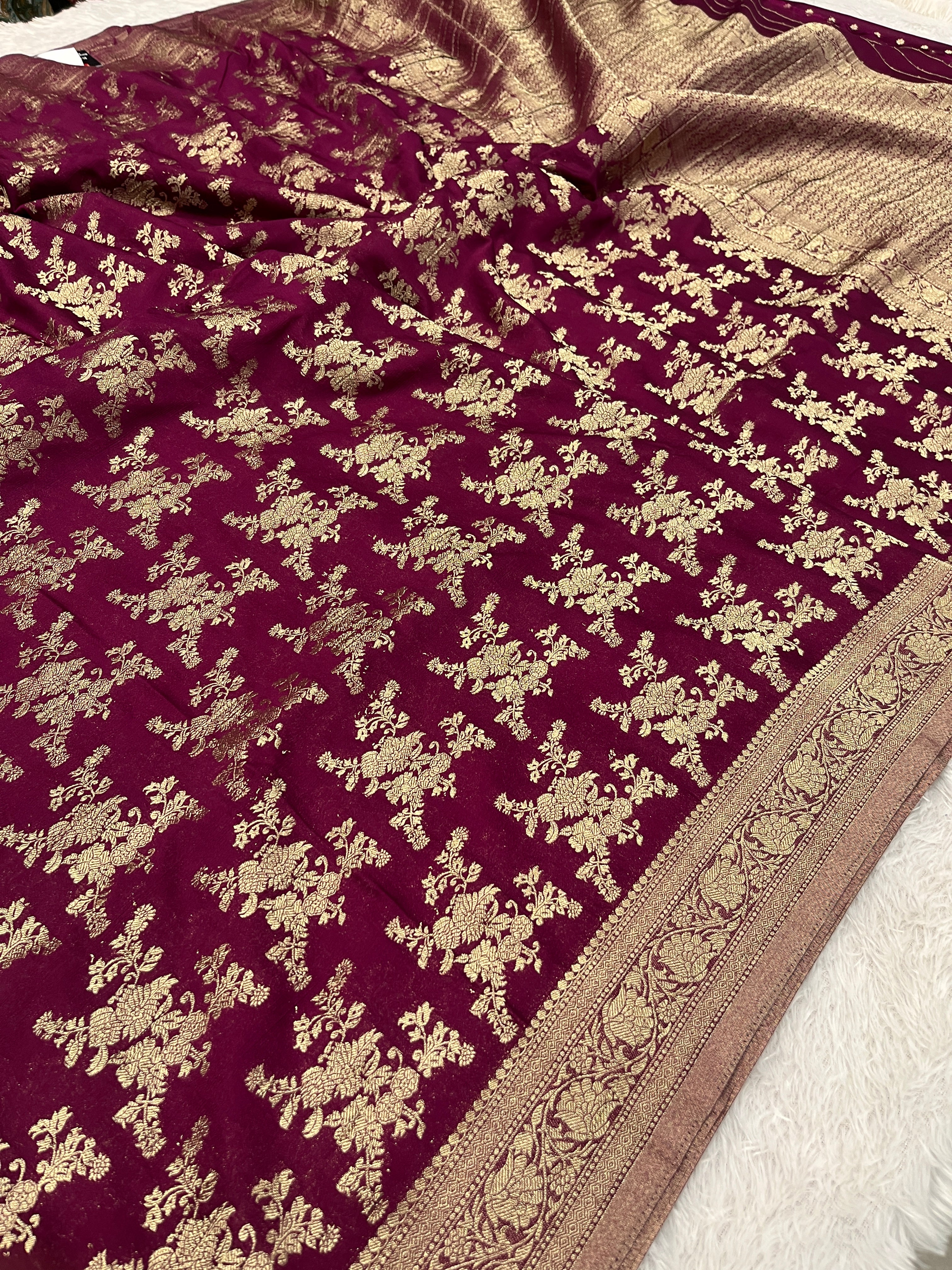 Chinon Silk Flower Design Wine Color Saree CN04