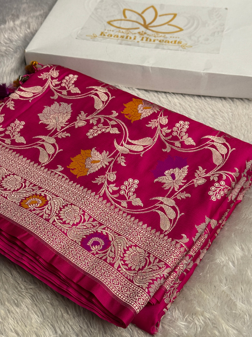 Dark Pink Banarasi Mashru Silk Saree with Jaal Woven Meenakari Work & Scalloped Border MKS167
