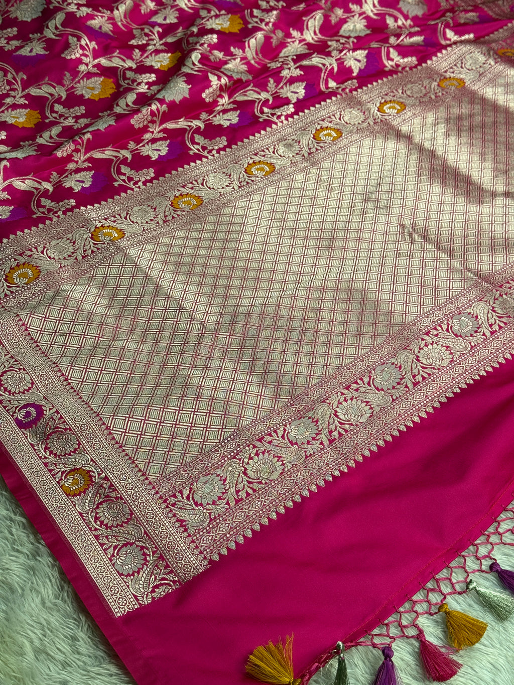 Dark Pink Banarasi Mashru Silk Saree with Jaal Woven Meenakari Work & Scalloped Border MKS167