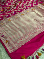 Dark Pink Banarasi Mashru Silk Saree with Jaal Woven Meenakari Work & Scalloped Border MKS167