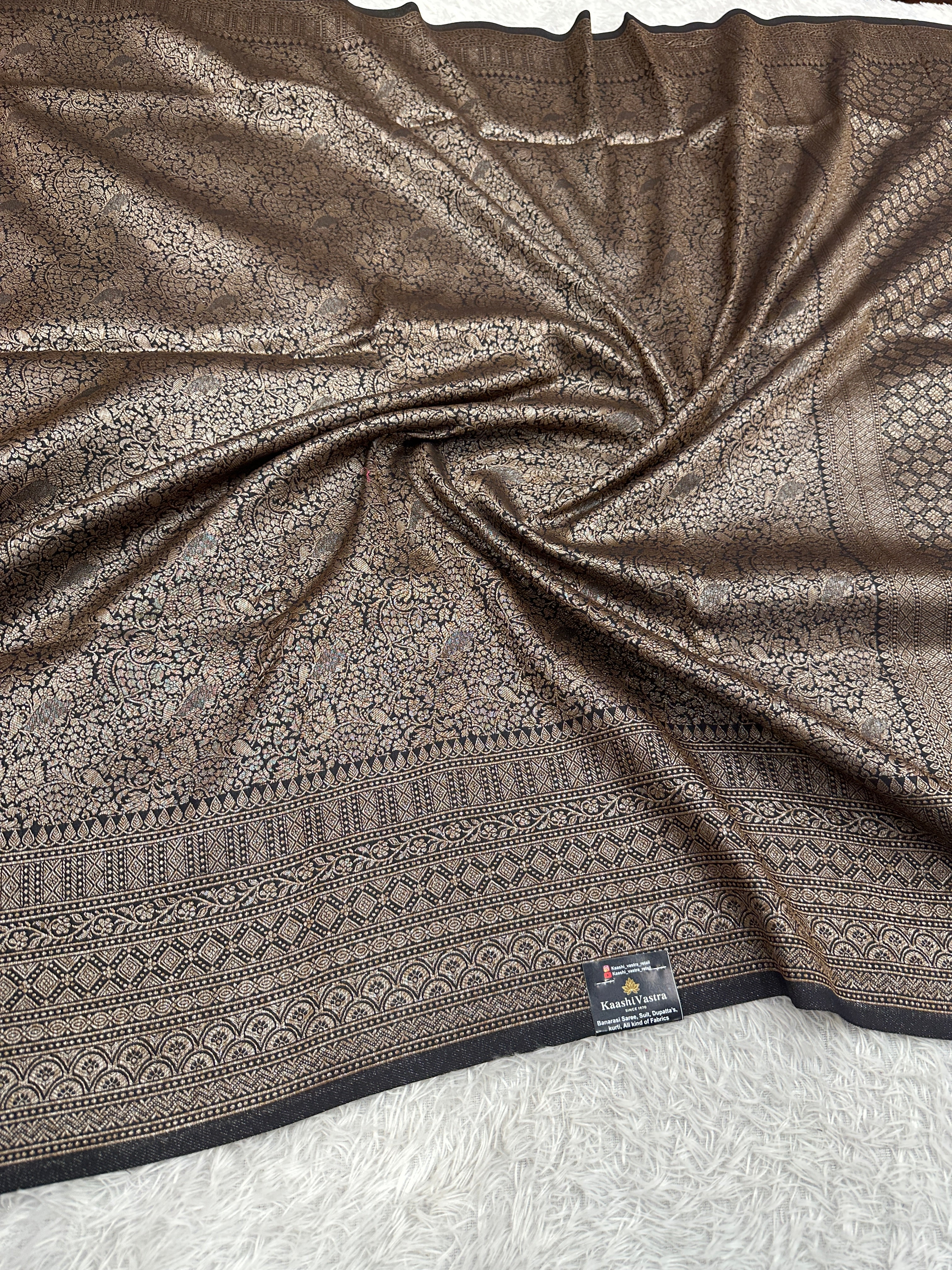 Black Banarasi Dupion Silk Saree with Embossed Antique Zari Weaving & Rich Antique Zari Pallu | STF90