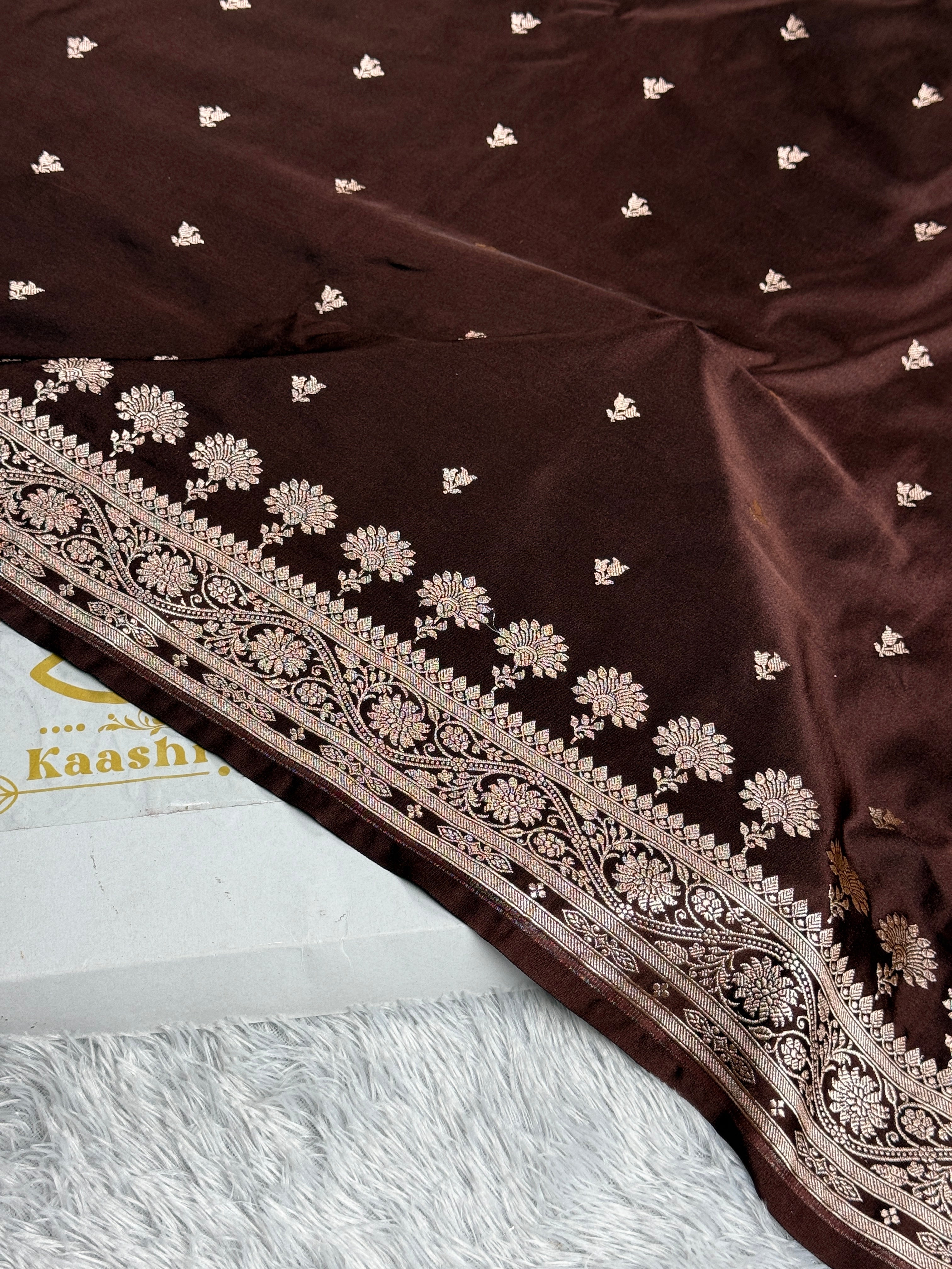 Coffee Brown Mashru Kataan Silk Saree with Zari Buti Weaving & Rich Zari Pallu – MKS507