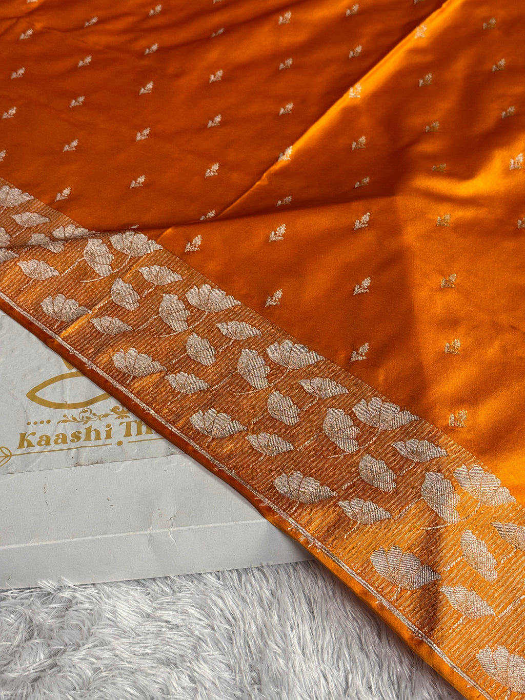 Mashru Kataan Silk Buta Woven Banarasi Saree with Fancy Woven Border – Yellow Orange | MKS596