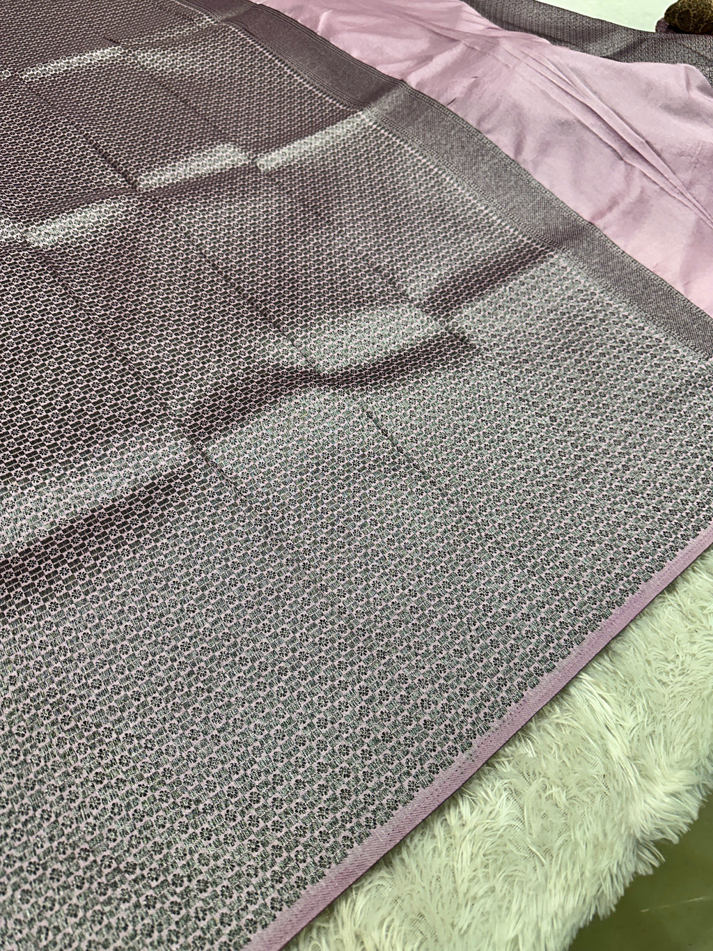 STF55 – Elegant Lavender Dupion Saree with Embossed Square Woven Designs