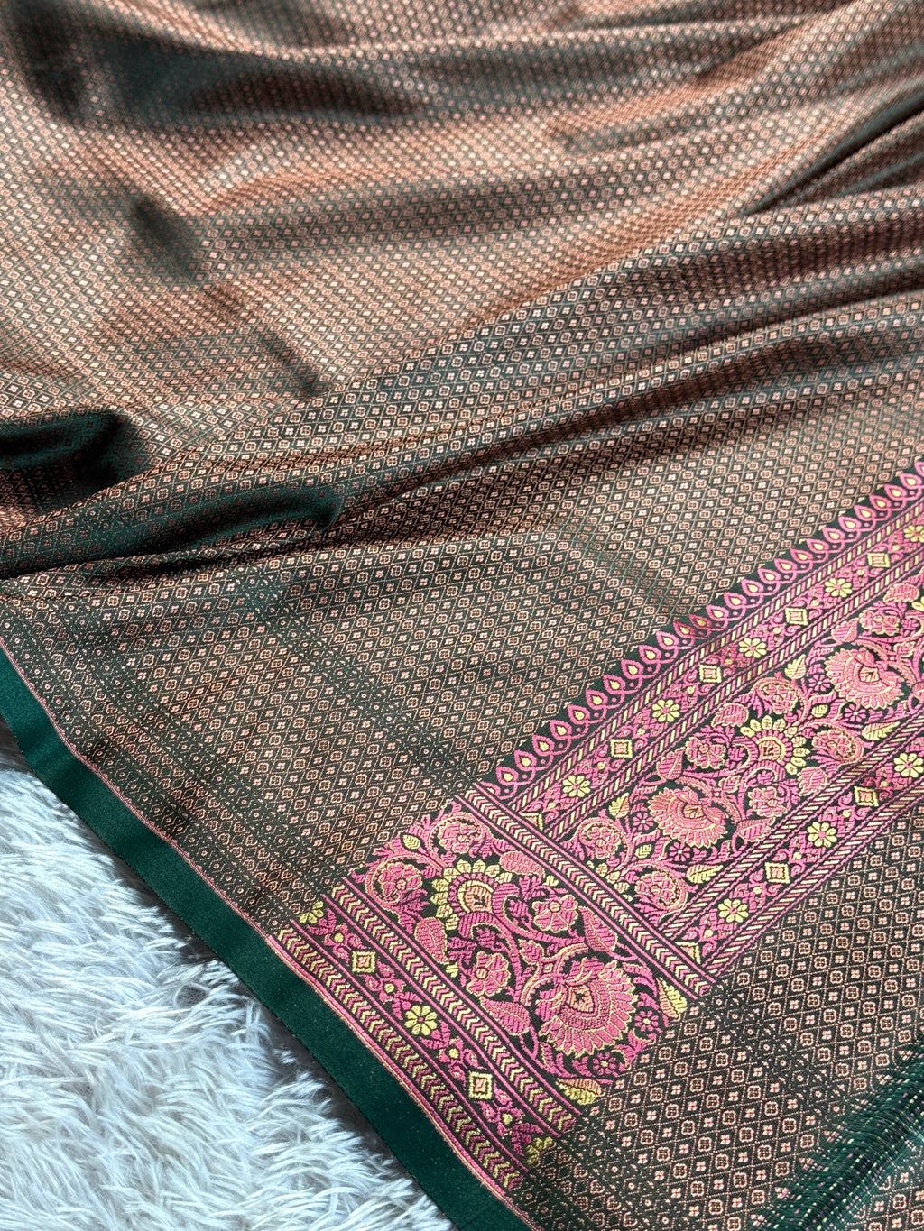 Beige with Green Banarasi Mashru Silk Saree with Jamawar Woven Design JMW11