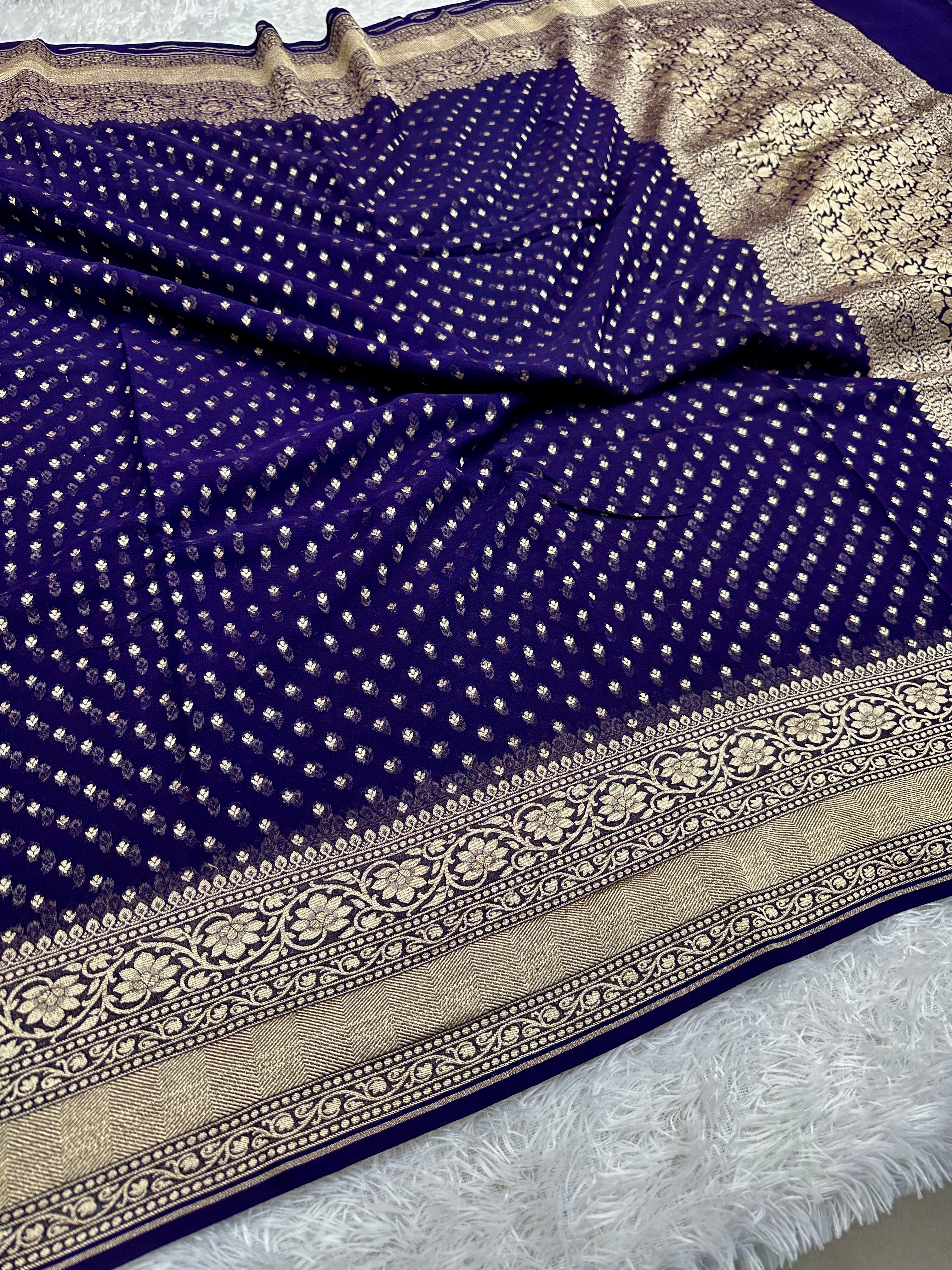Pure Natural Silk Khaddi Georgette Saree – Blue | Chunri Buti Woven Design PSG11